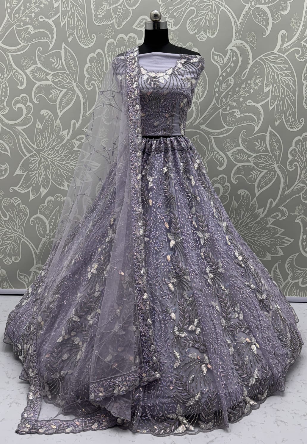 Beautiful Lavender Dupatta on  Matching Designer Embroidered Reception wear Lehenga choli 