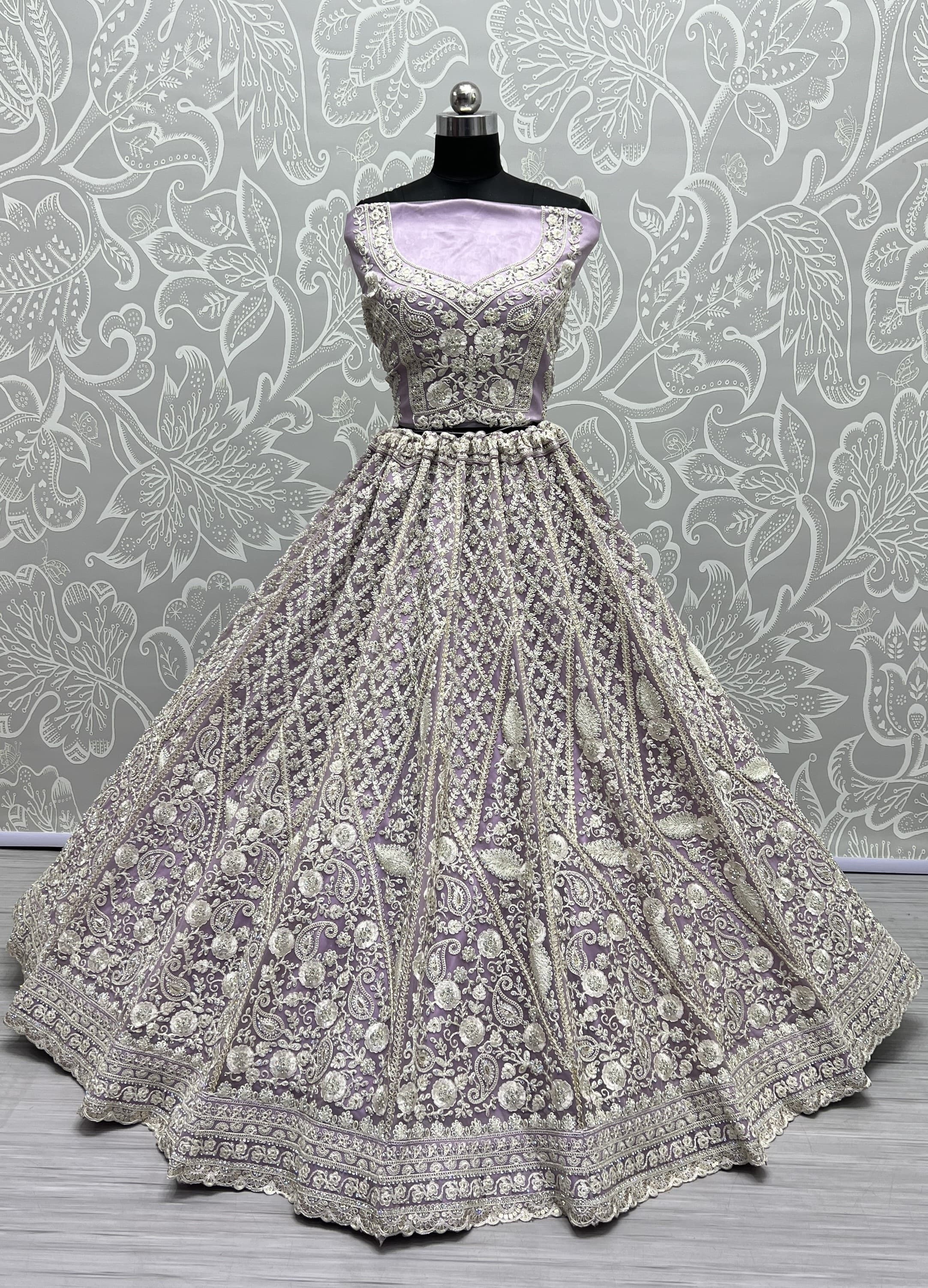 Dori and Zircon Diamond Lavender Combine Designer Partywear Lehengacholi 