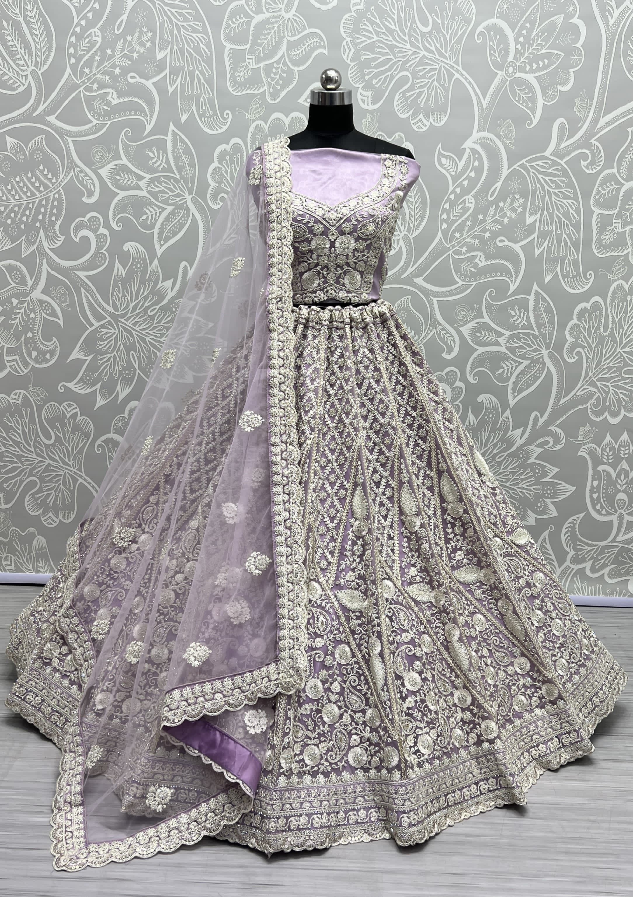 Dori and Zircon Diamond Lavender Combine Designer Partywear Lehengacholi 
