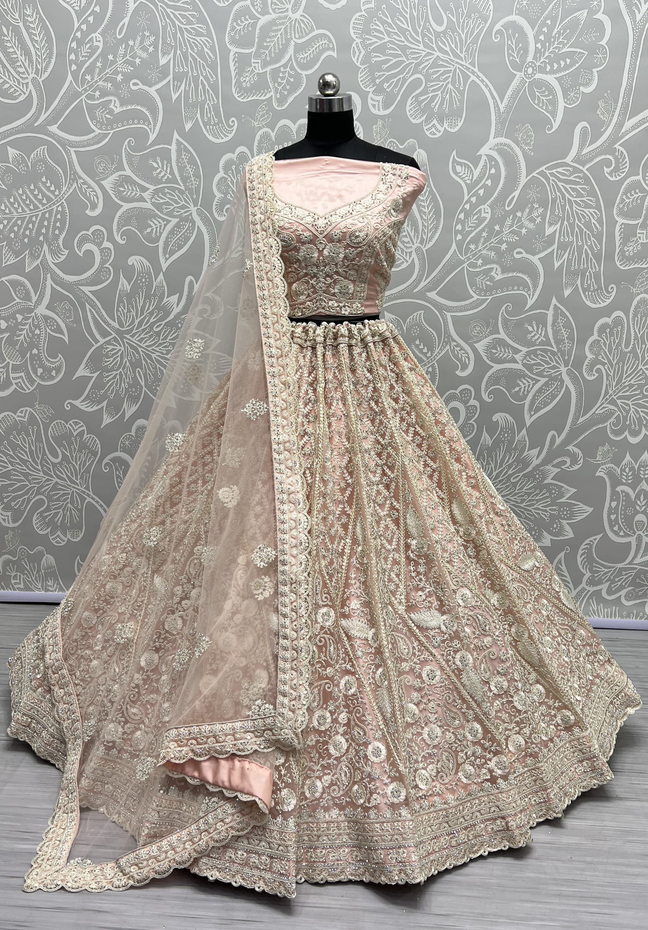 Dori and Zircon Diamond Pink Combine Designer Partywear Lehengachol