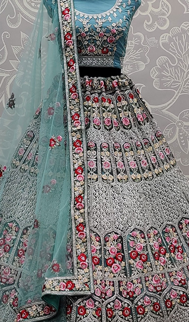 Blue Flower Flaired Lehenga