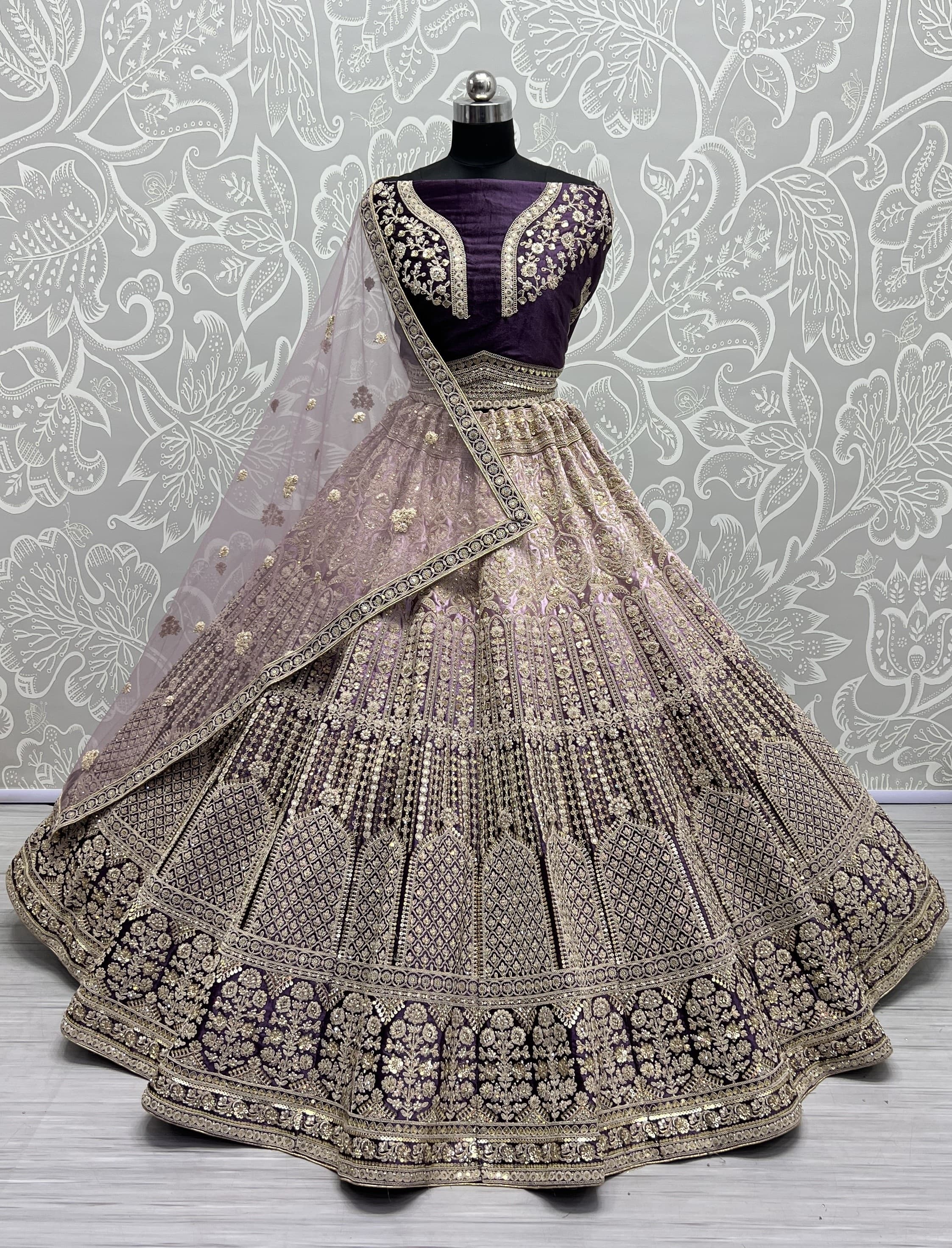 Heavy Work Padded Velvet Purple Designer Lehengacholi Perfect for occasional wear