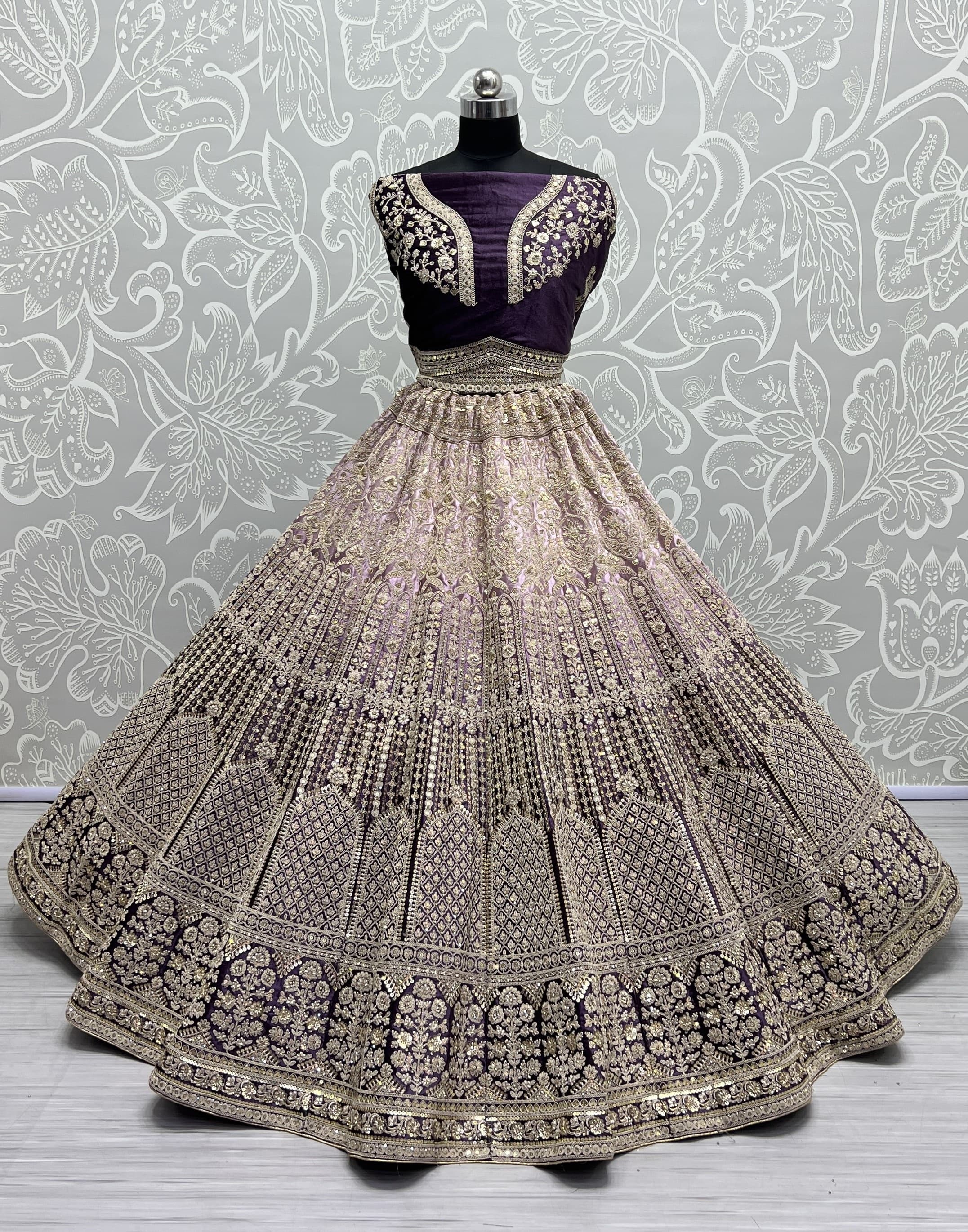 Heavy Work Padded Velvet Purple Designer Lehengacholi Perfect for occasional wear