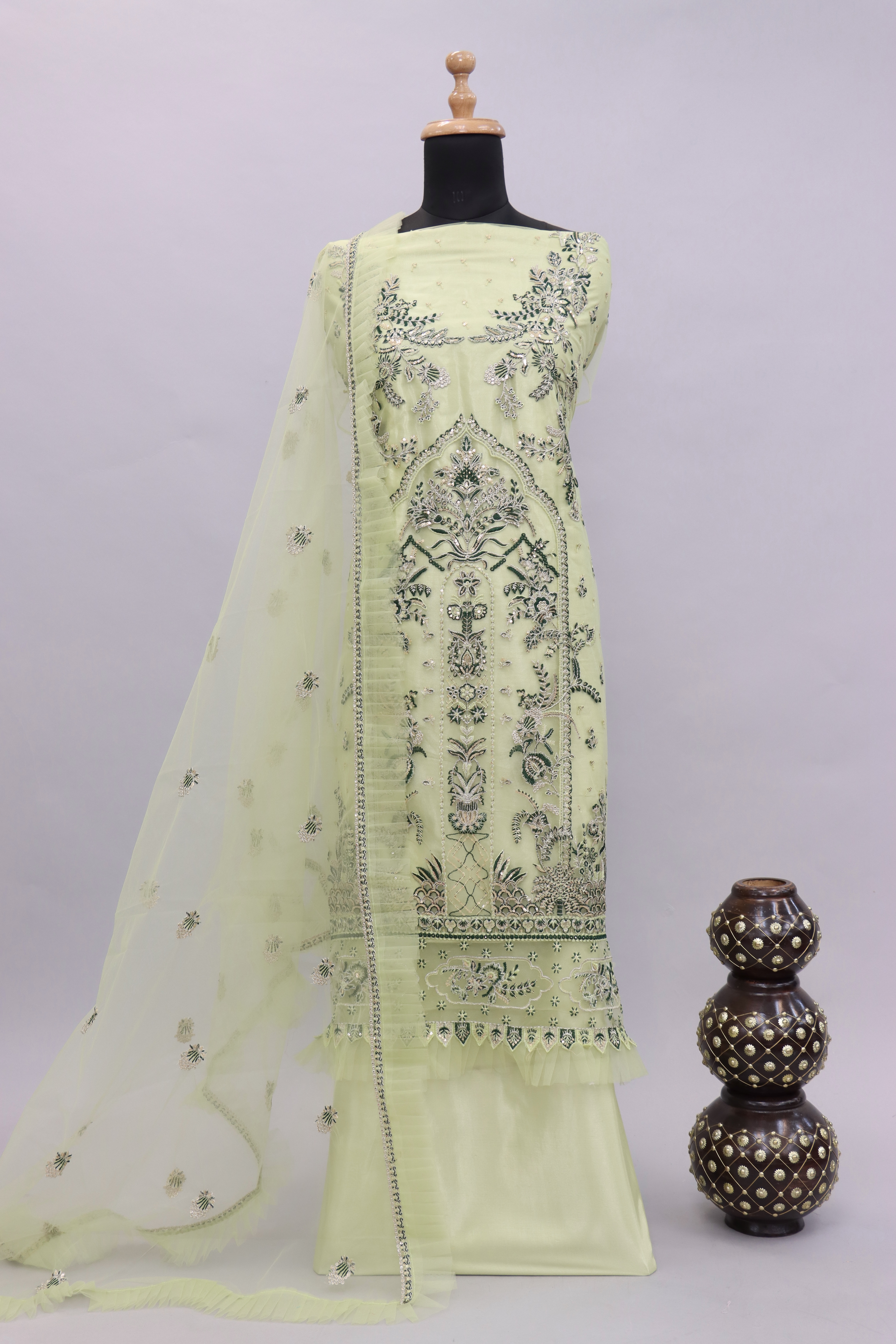 Lime-Green Chikankari-Mukesh Dress-material