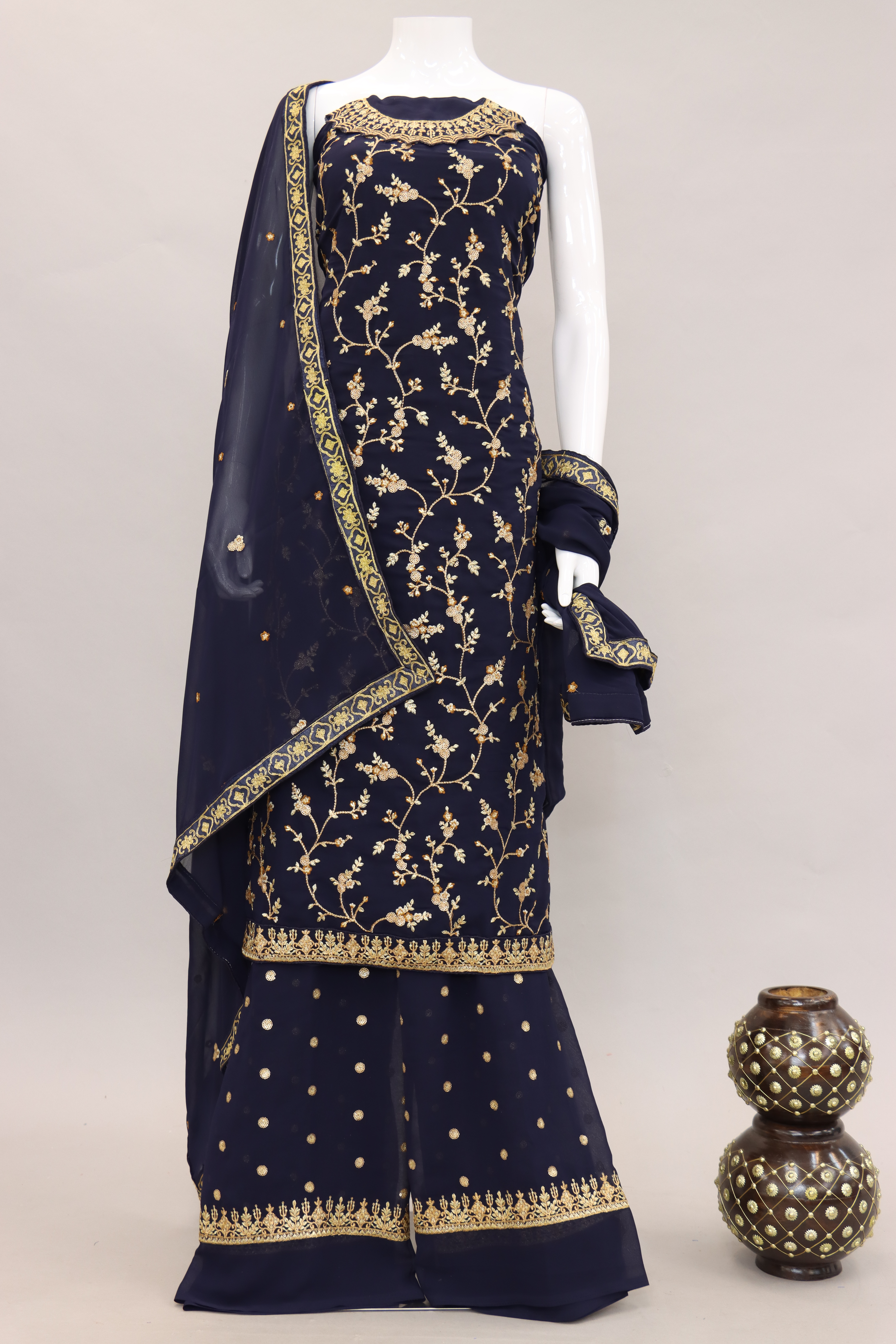 Navy Blue Embellished With Embroidered Georgette Palazzo Suit