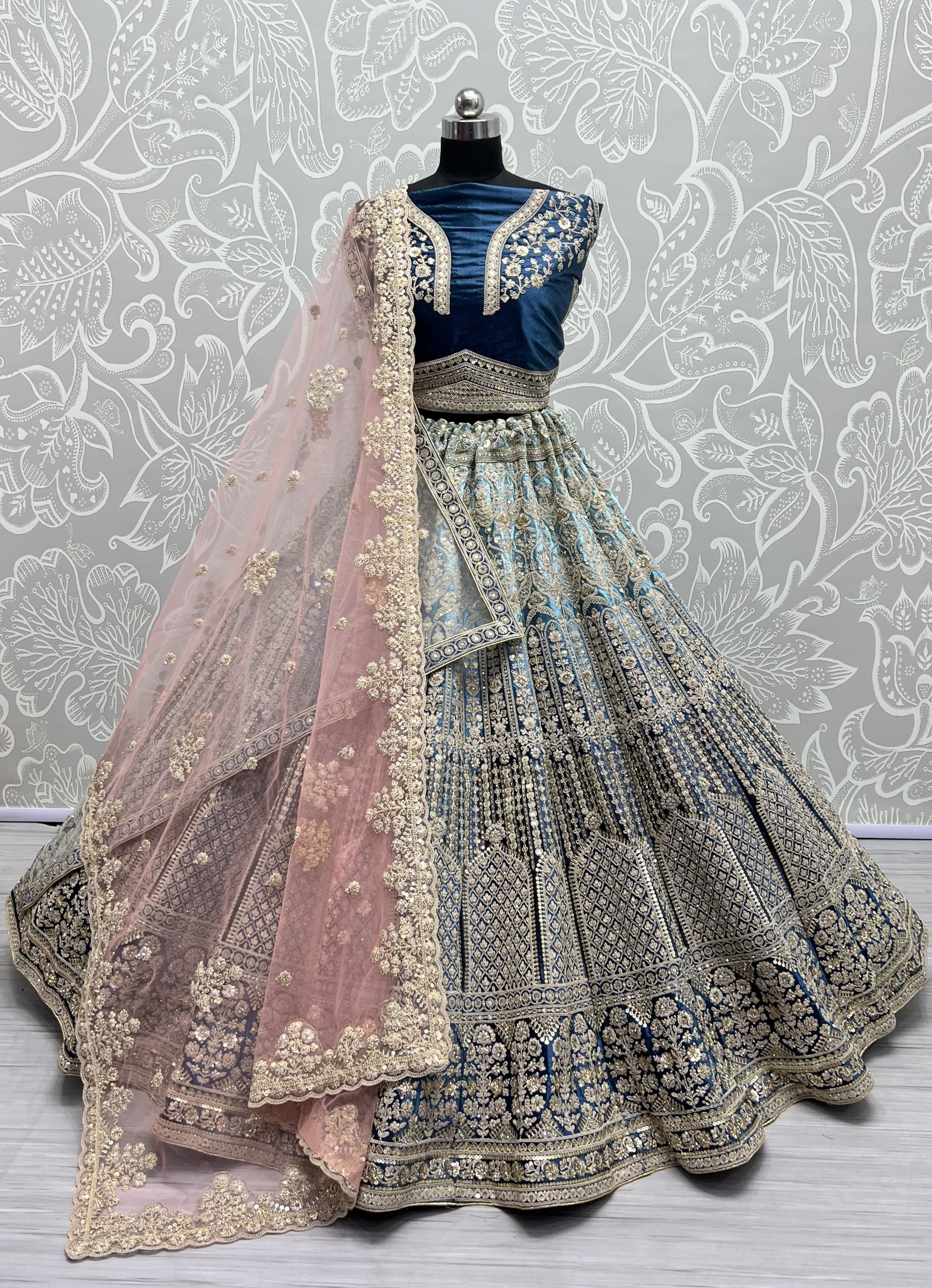 Heavy Work Padded Velvet Royal blue Designer Lehengacholi Perfect for occasional wear