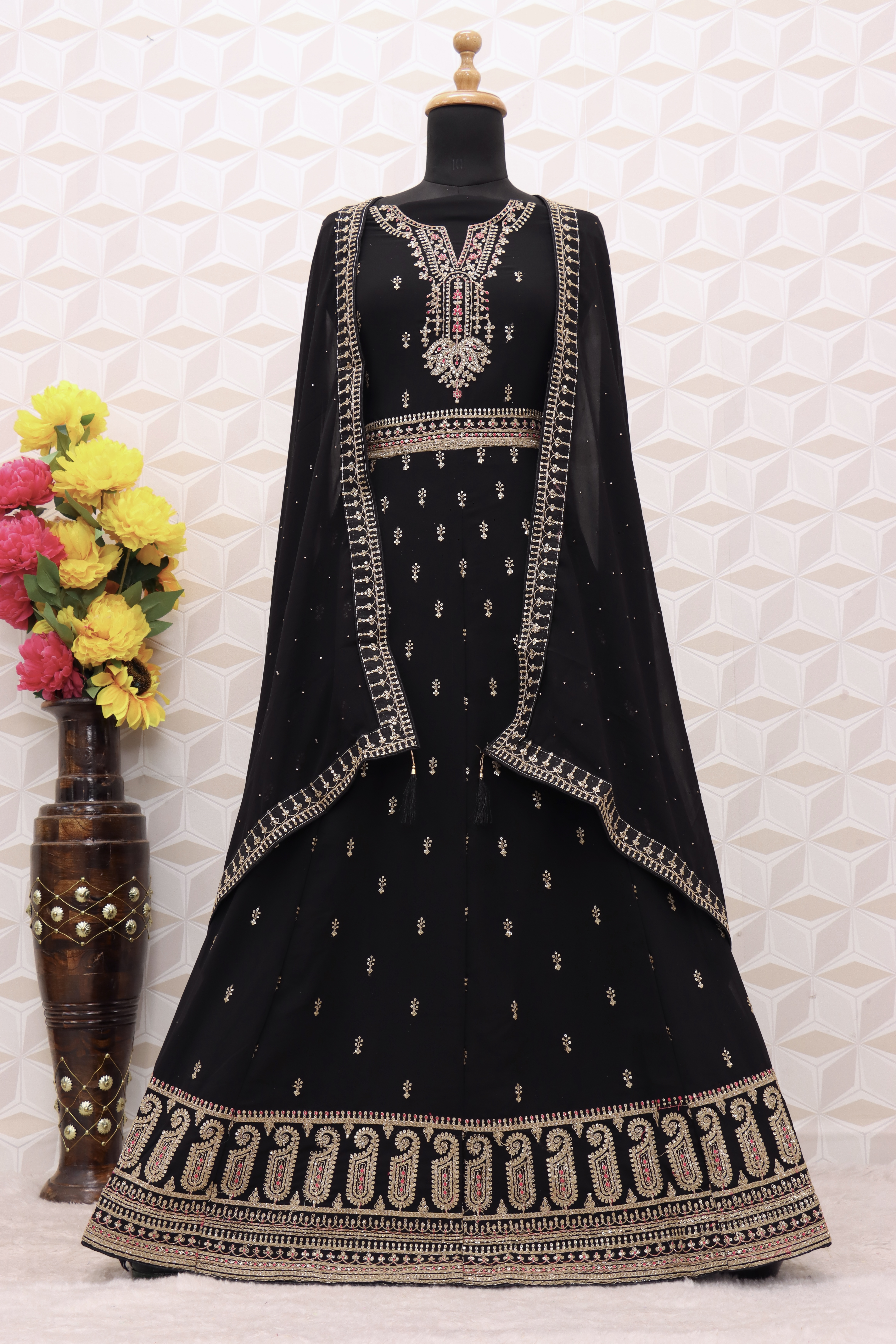 Embroidered Art Silk Abaya Style Suit in black