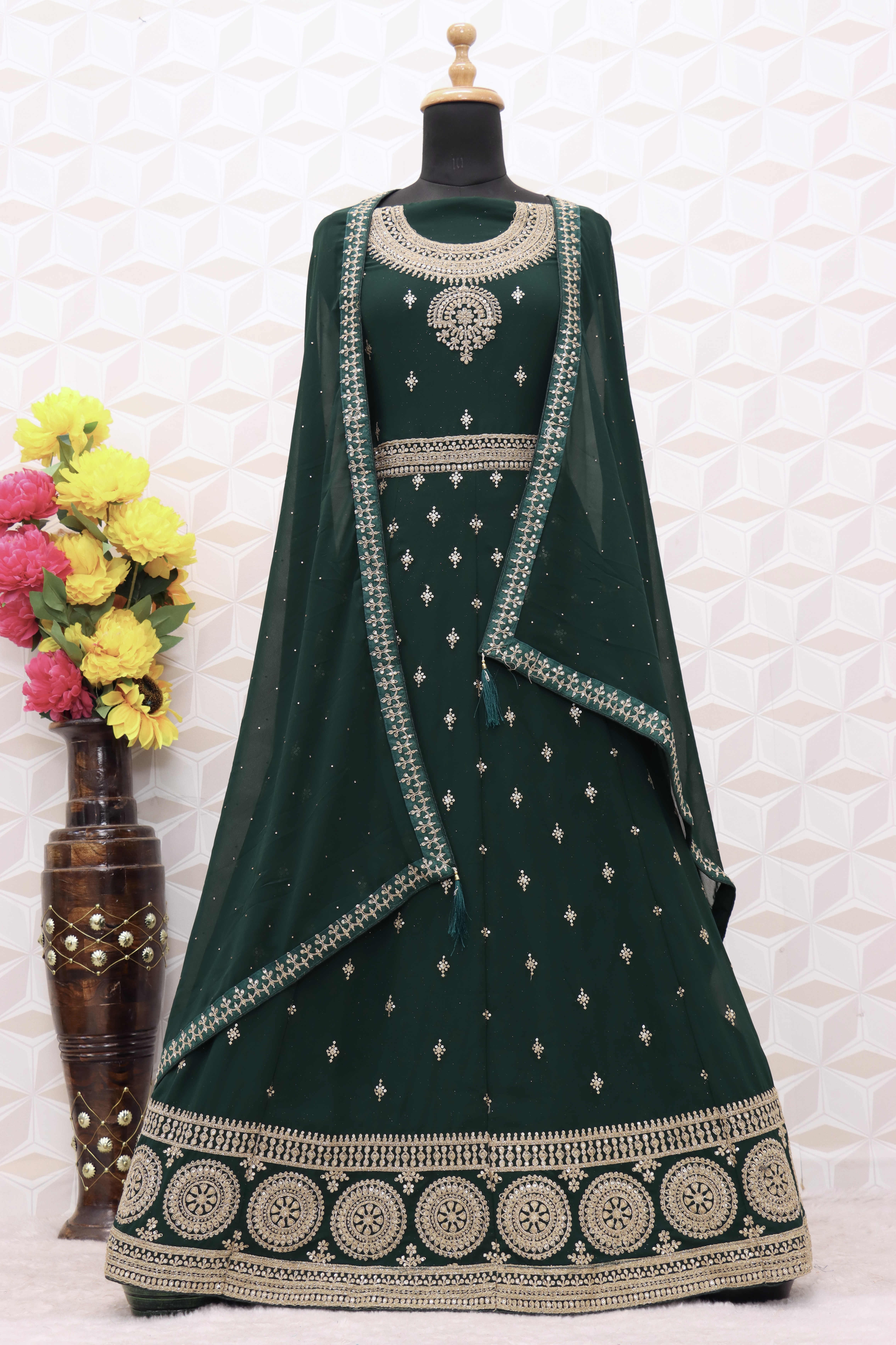 GREEN EMBROIDERED FAUX GEORGETTE SALWAR SEMI STITCHED