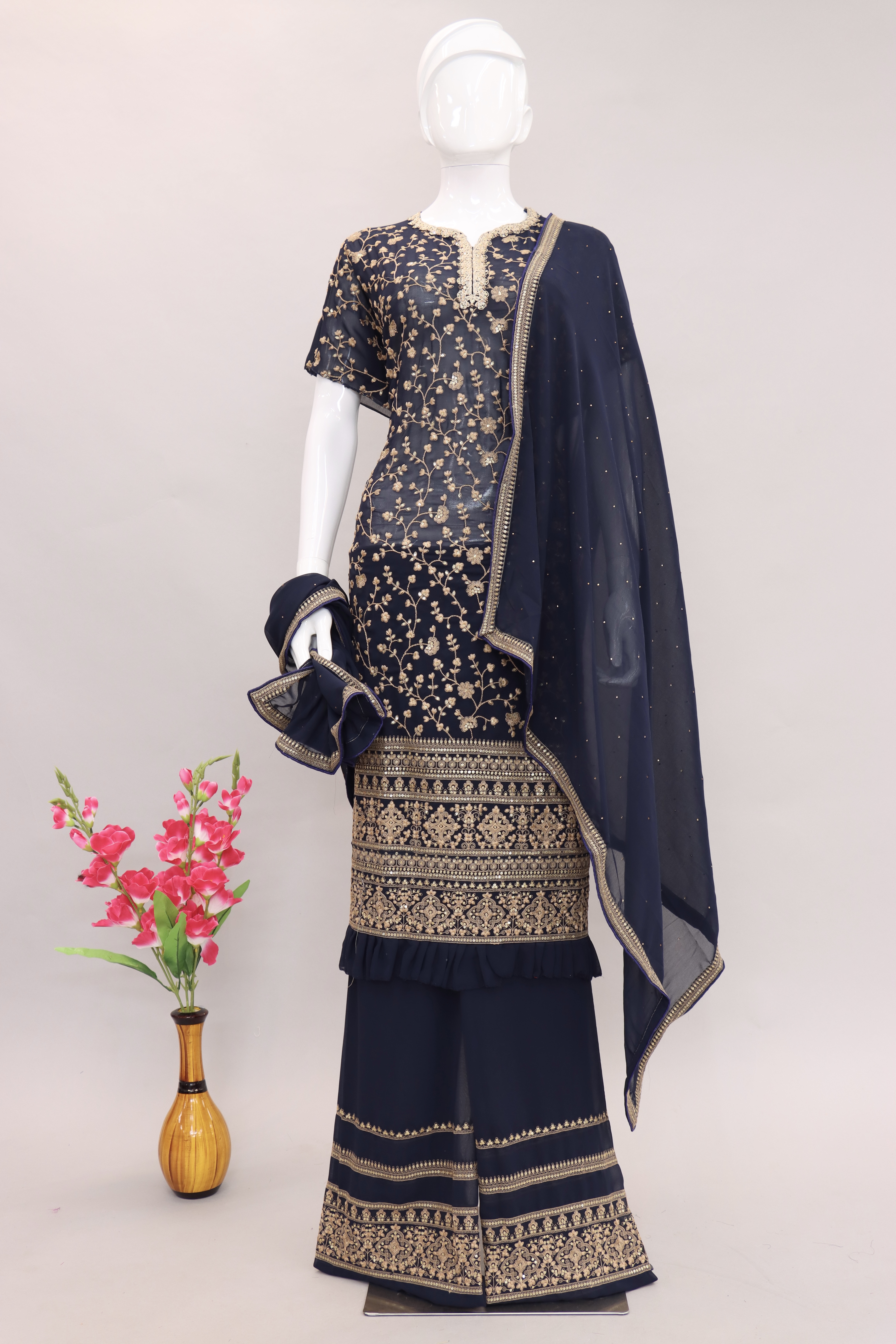 Navy Blue Georgette Palazzo Suit