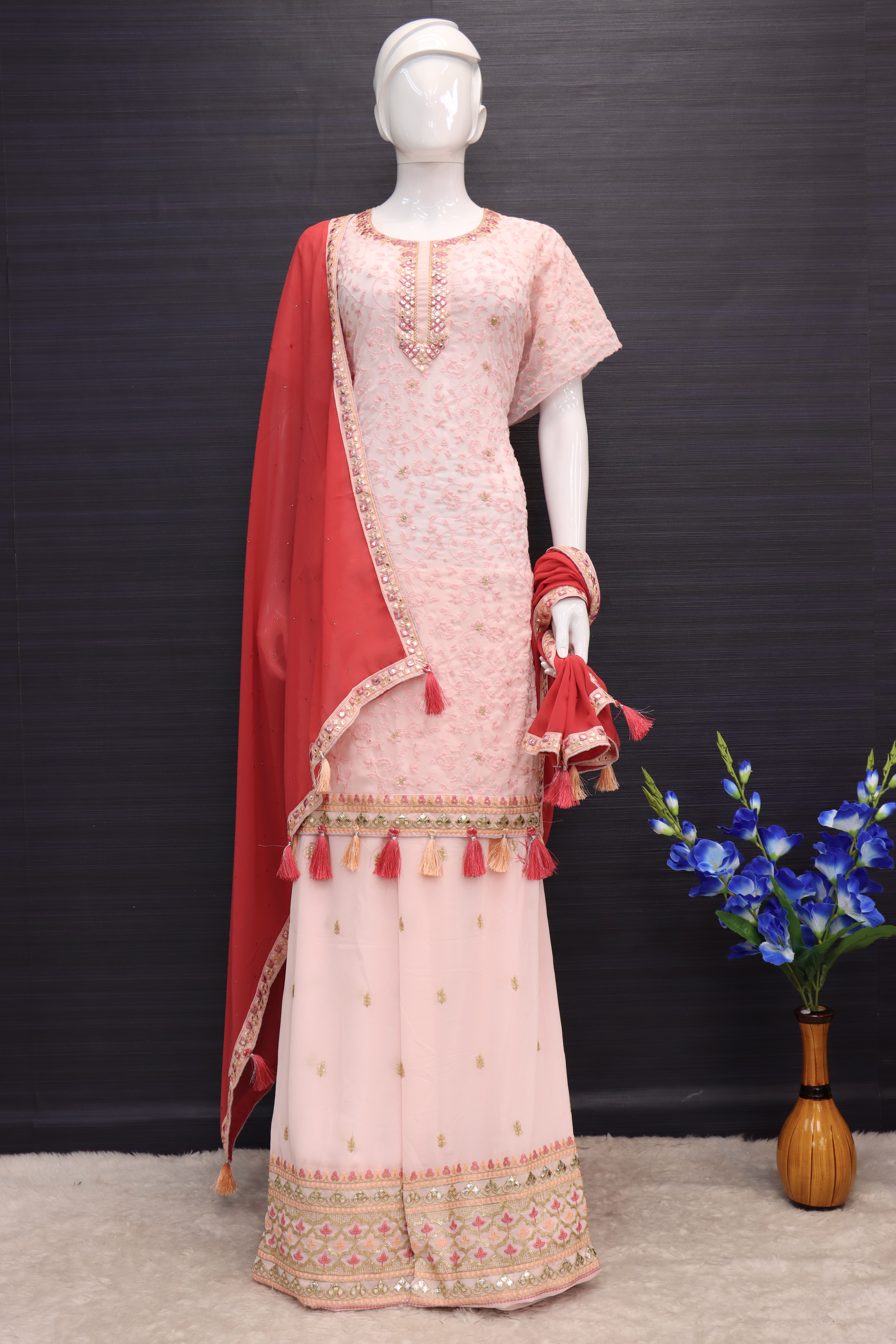 Beige And Peach Festive/Wedding Special Heavy Designer Mirror Work Gharara Suit