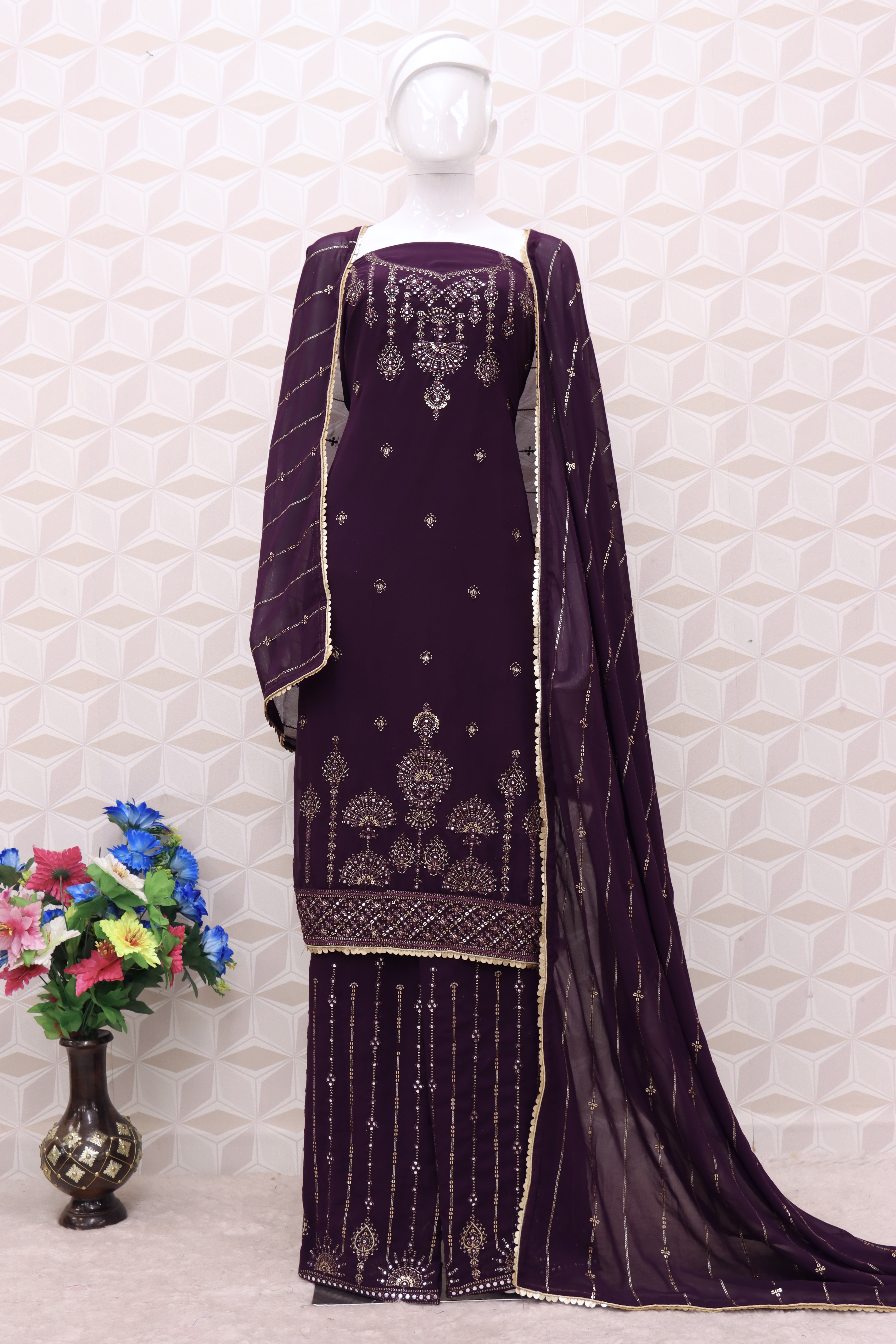 Embroidered Chiffon Pakistani Suit in wine