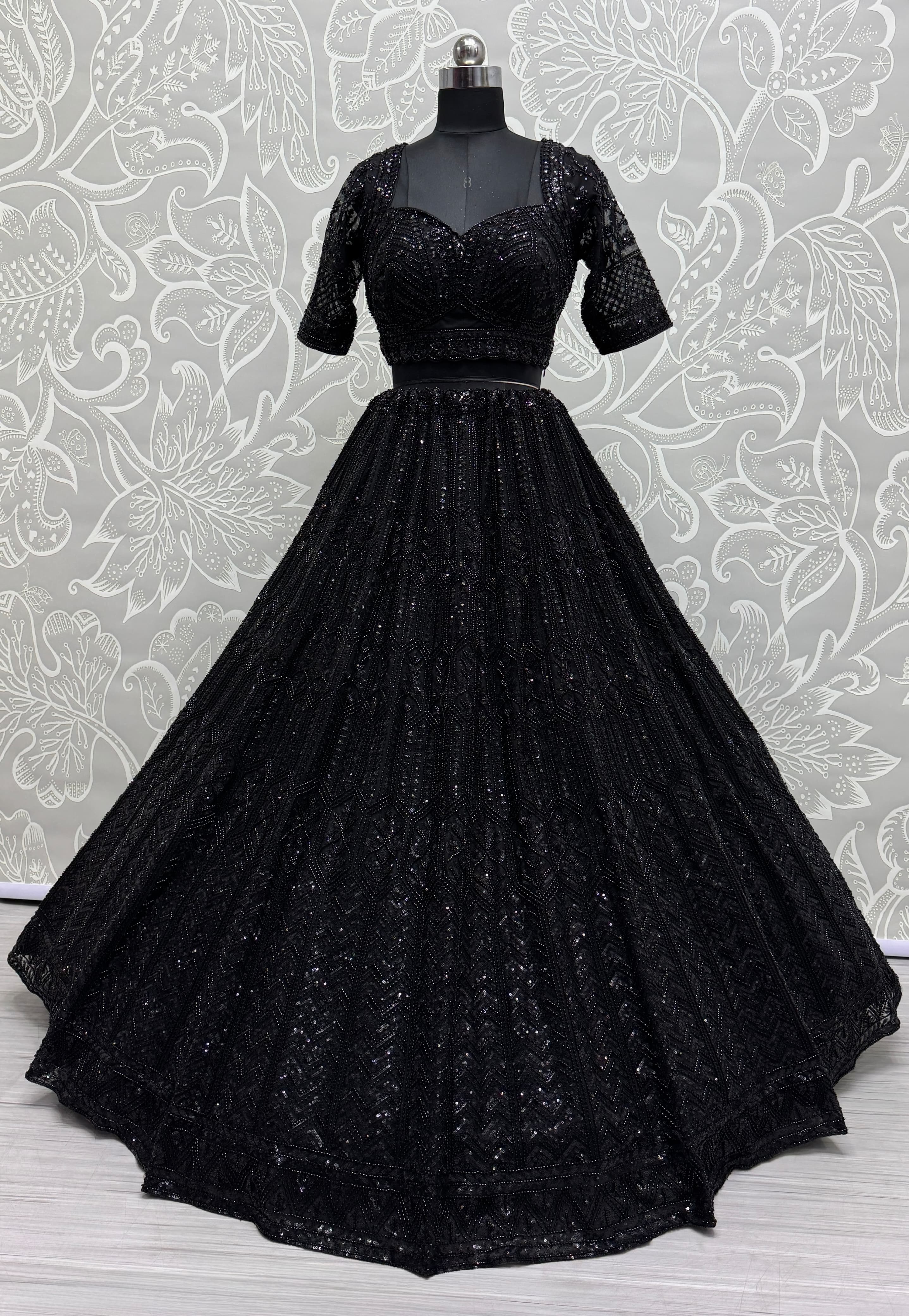 Black Eye-Catchy Beads and Motif  work combine Ready to wear Designer lehenga choli with stitch Blouse