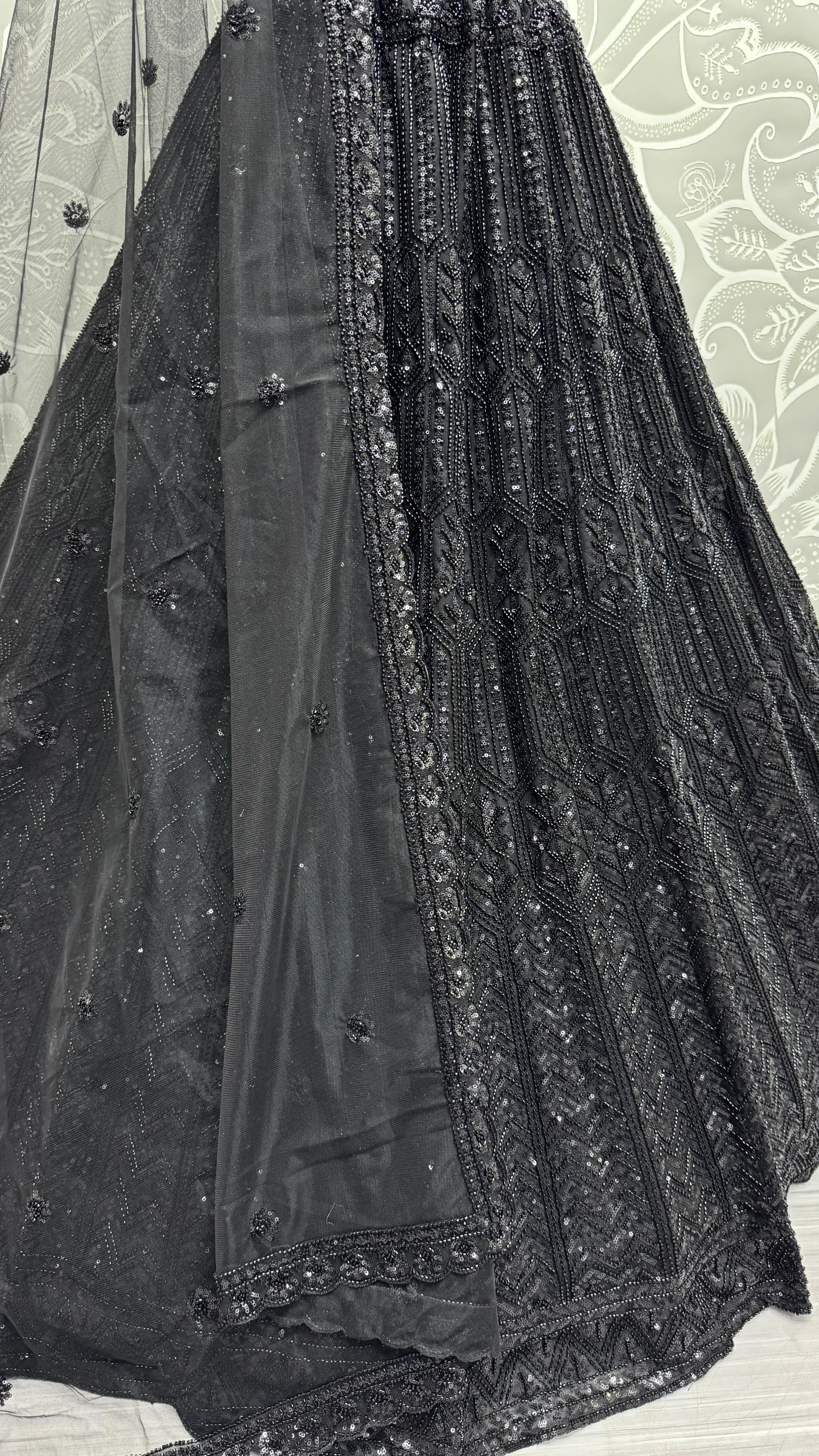 Black Eye-Catchy Beads and Motif  work combine Ready to wear Designer lehenga choli with stitch Blouse