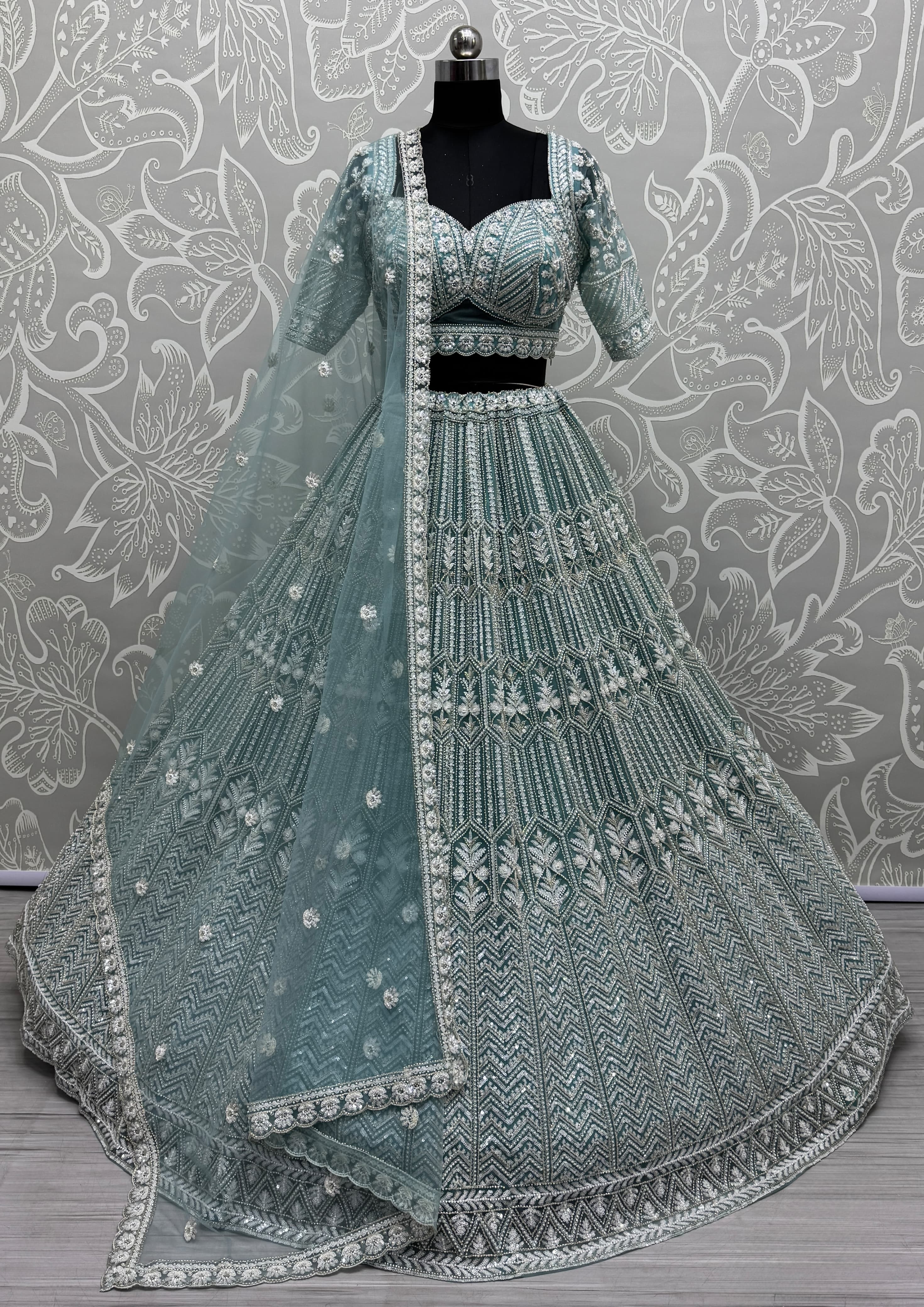 Blue Eye-Catchy Beads and Motif  work combine Ready to wear Designer lehenga choli with stitch Blouse
