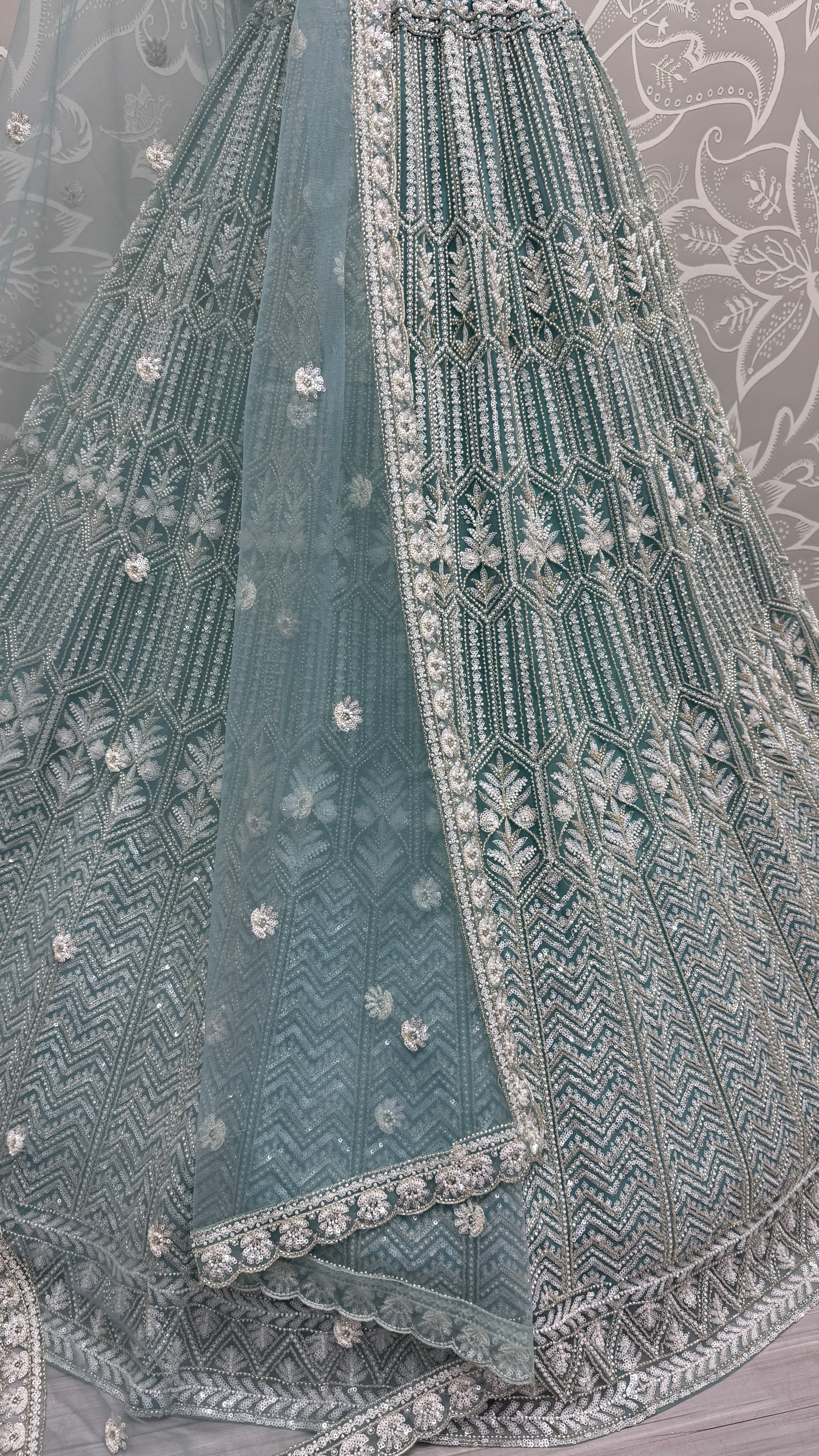 Blue Eye-Catchy Beads and Motif  work combine Ready to wear Designer lehenga choli with stitch Blouse