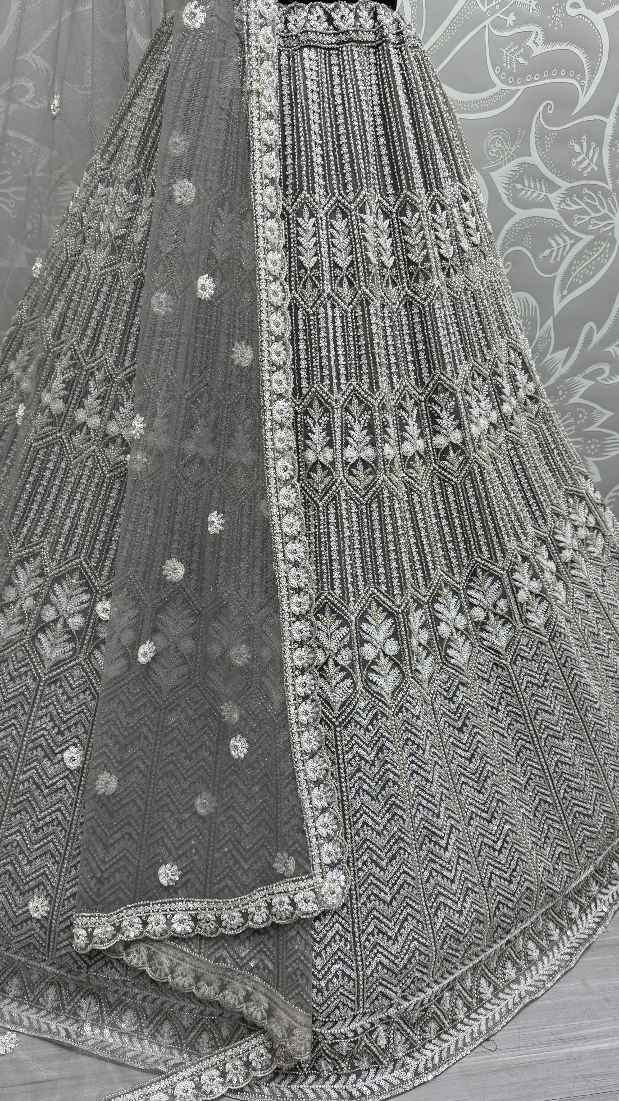 Grey Eye-Catchy Beads and Motif  work combine Ready to wear Designer lehenga choli with stitch Blouse