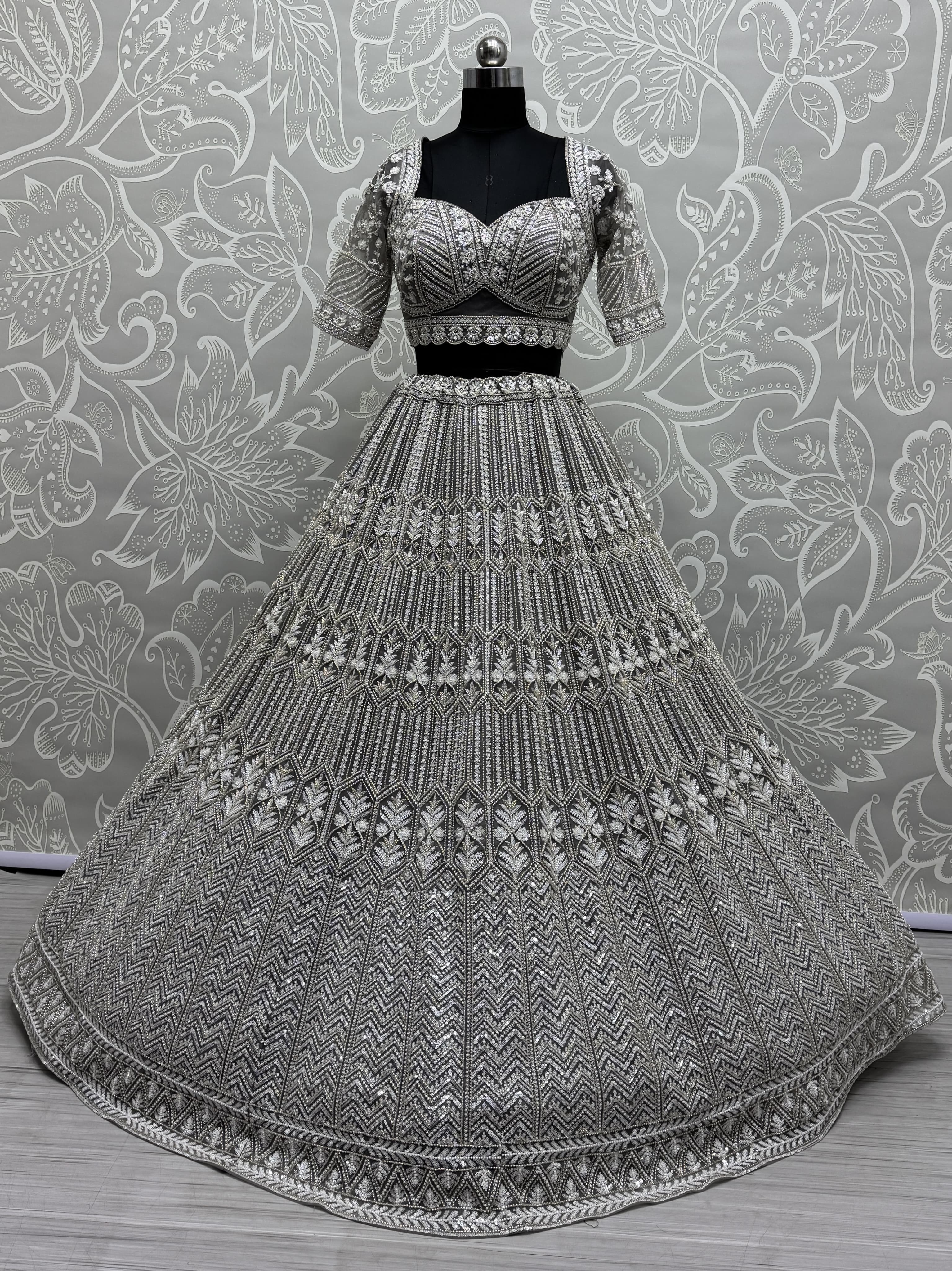 Grey Eye-Catchy Beads and Motif  work combine Ready to wear Designer lehenga choli with stitch Blouse