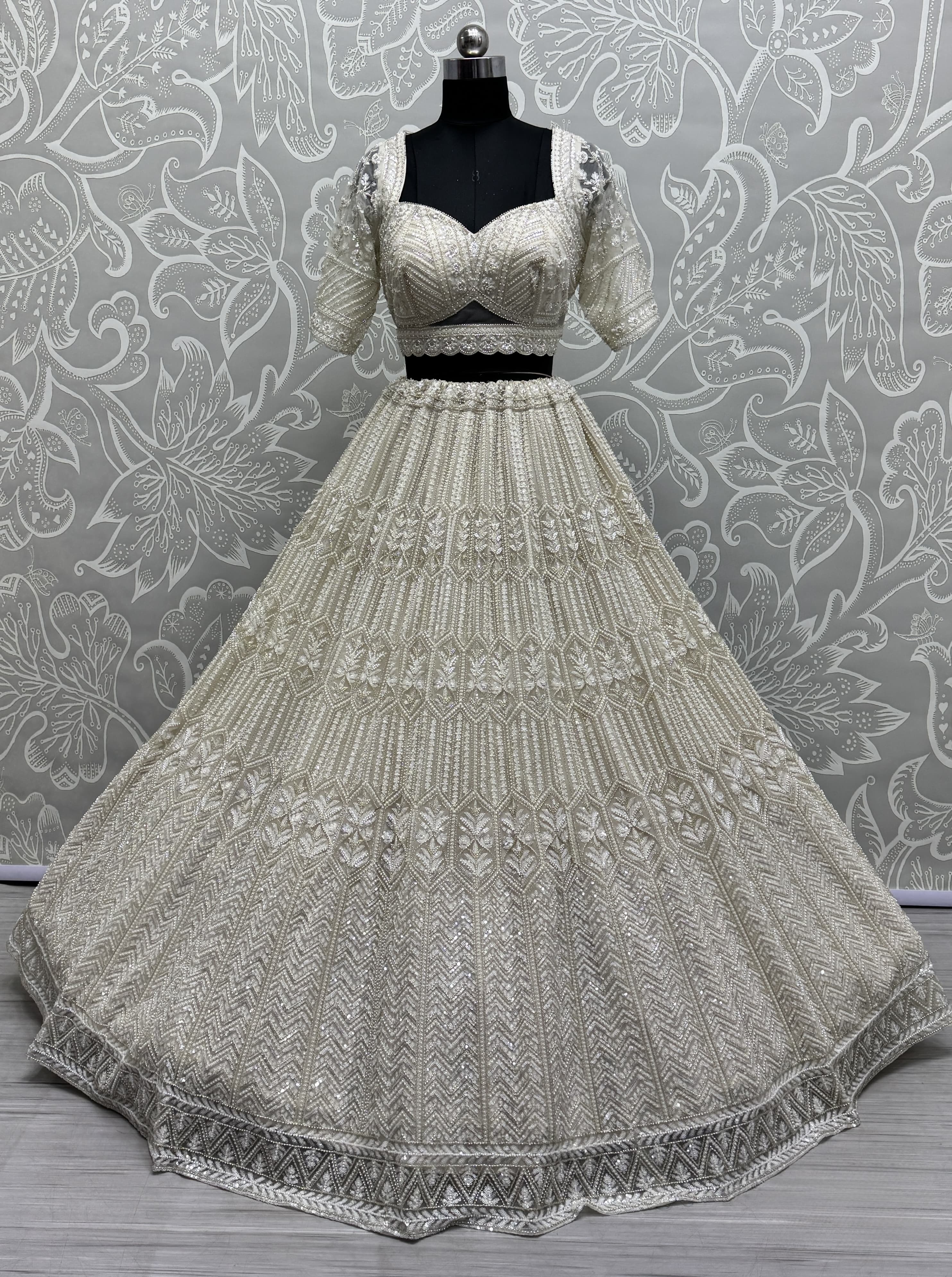 White Eye-Catchy Beads and Motif work combine Ready to wear Designer lehenga choli with stitch Blouse
