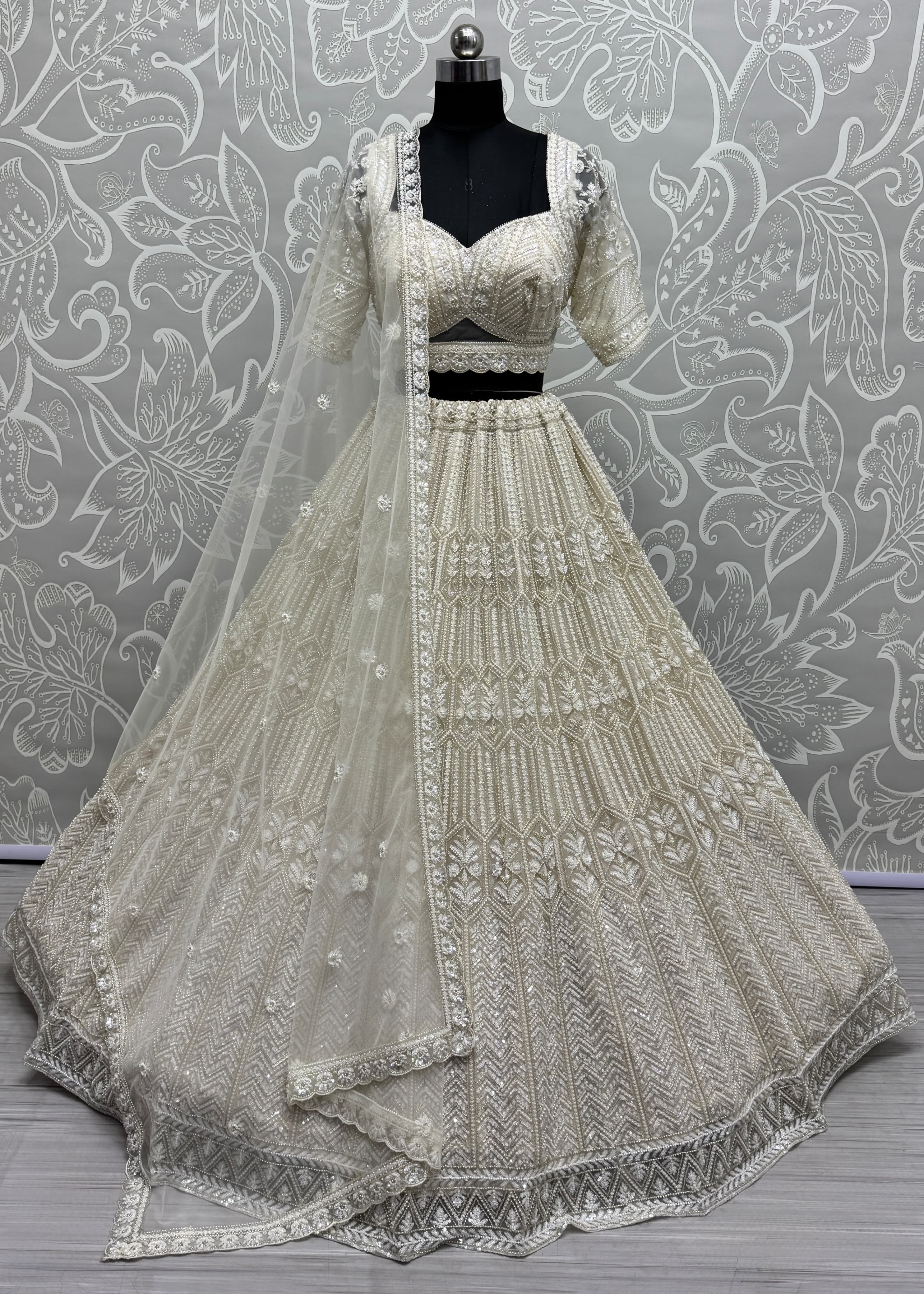 White Eye-Catchy Beads and Motif work combine Ready to wear Designer lehenga choli with stitch Blouse