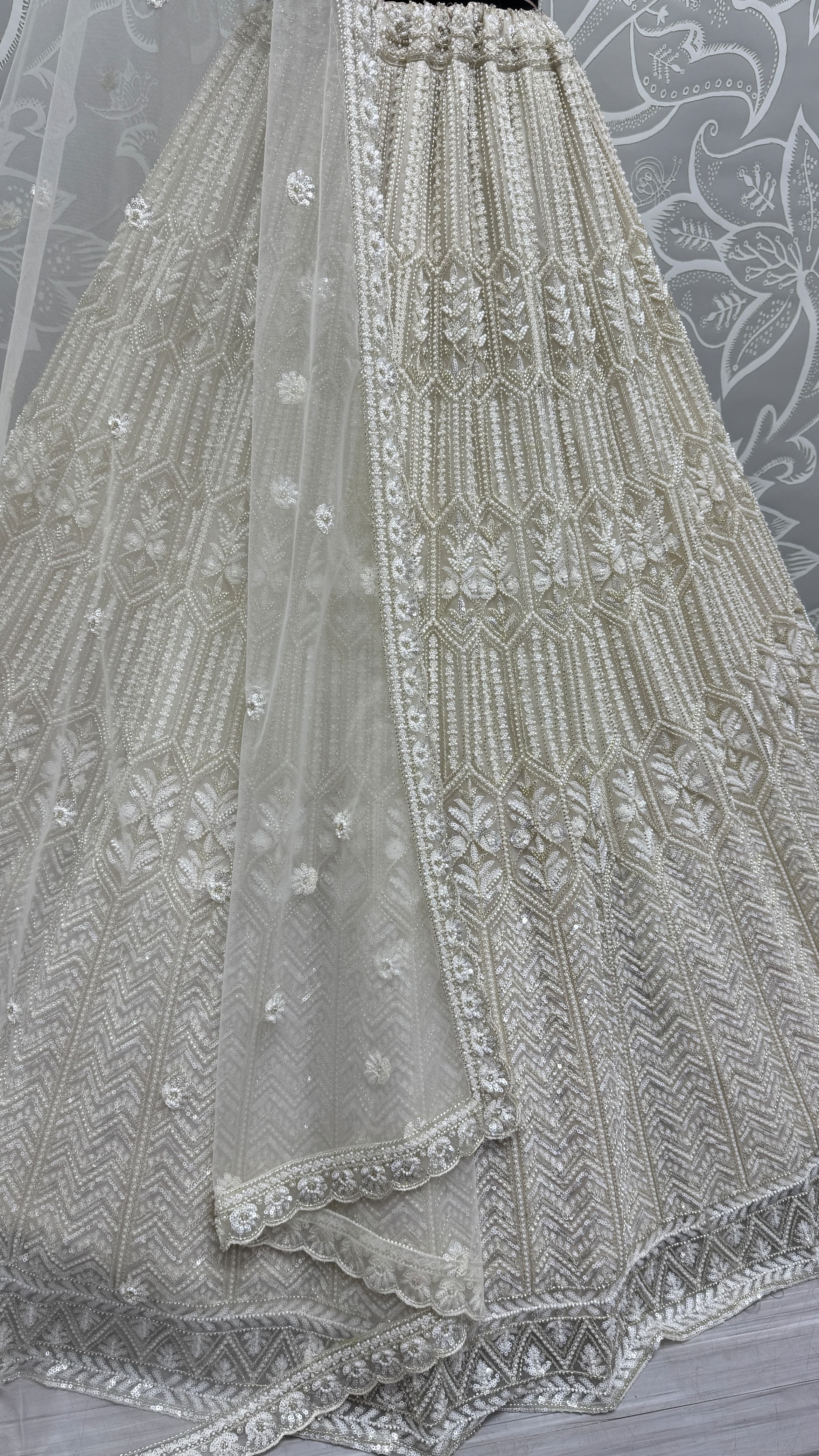 White Eye-Catchy Beads and Motif work combine Ready to wear Designer lehenga choli with stitch Blouse