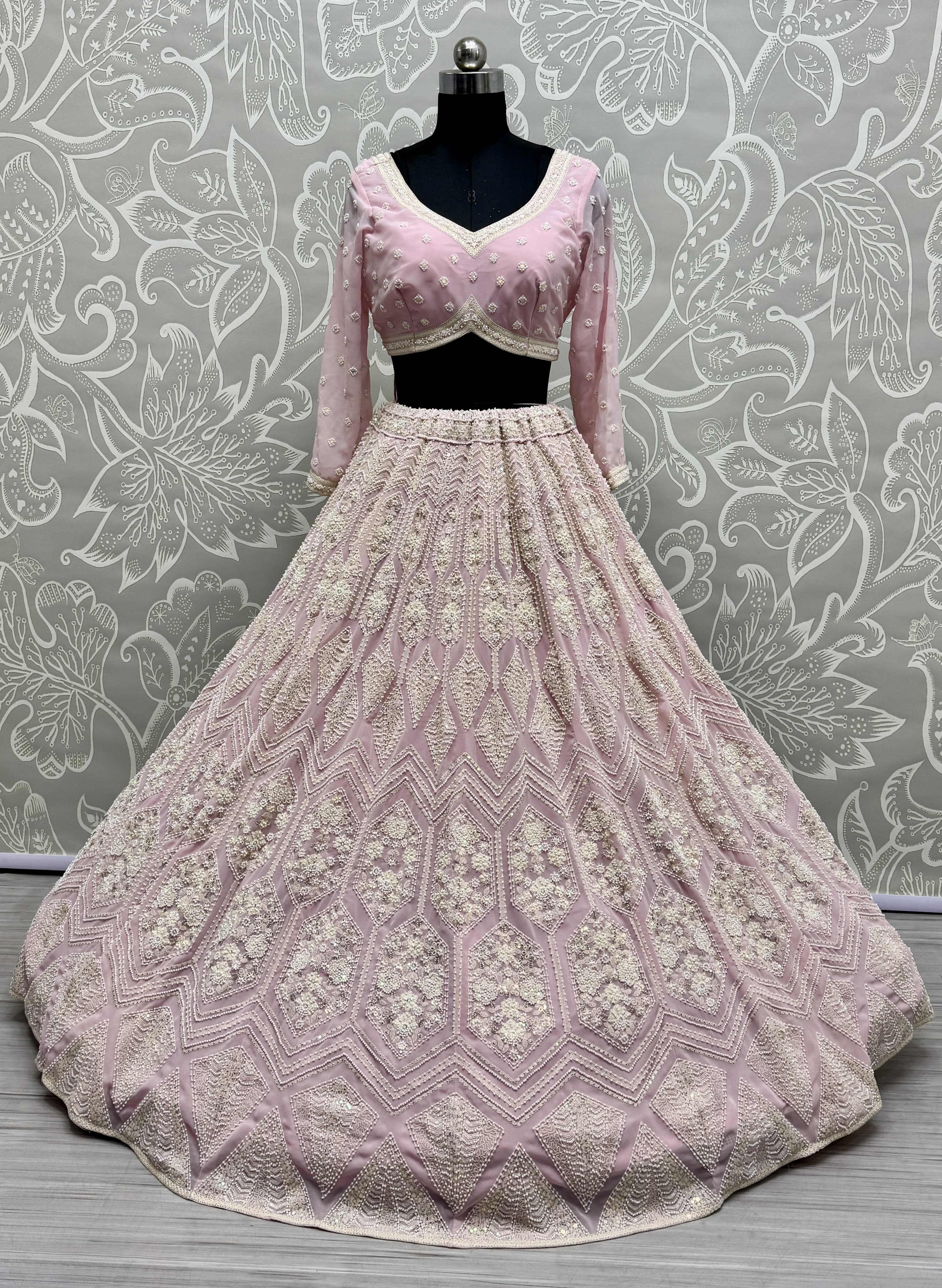 Full Flaired Pink Exclusive Designer Lehenga Choli in Pure Georgette with Ready to Wear Blouse 
