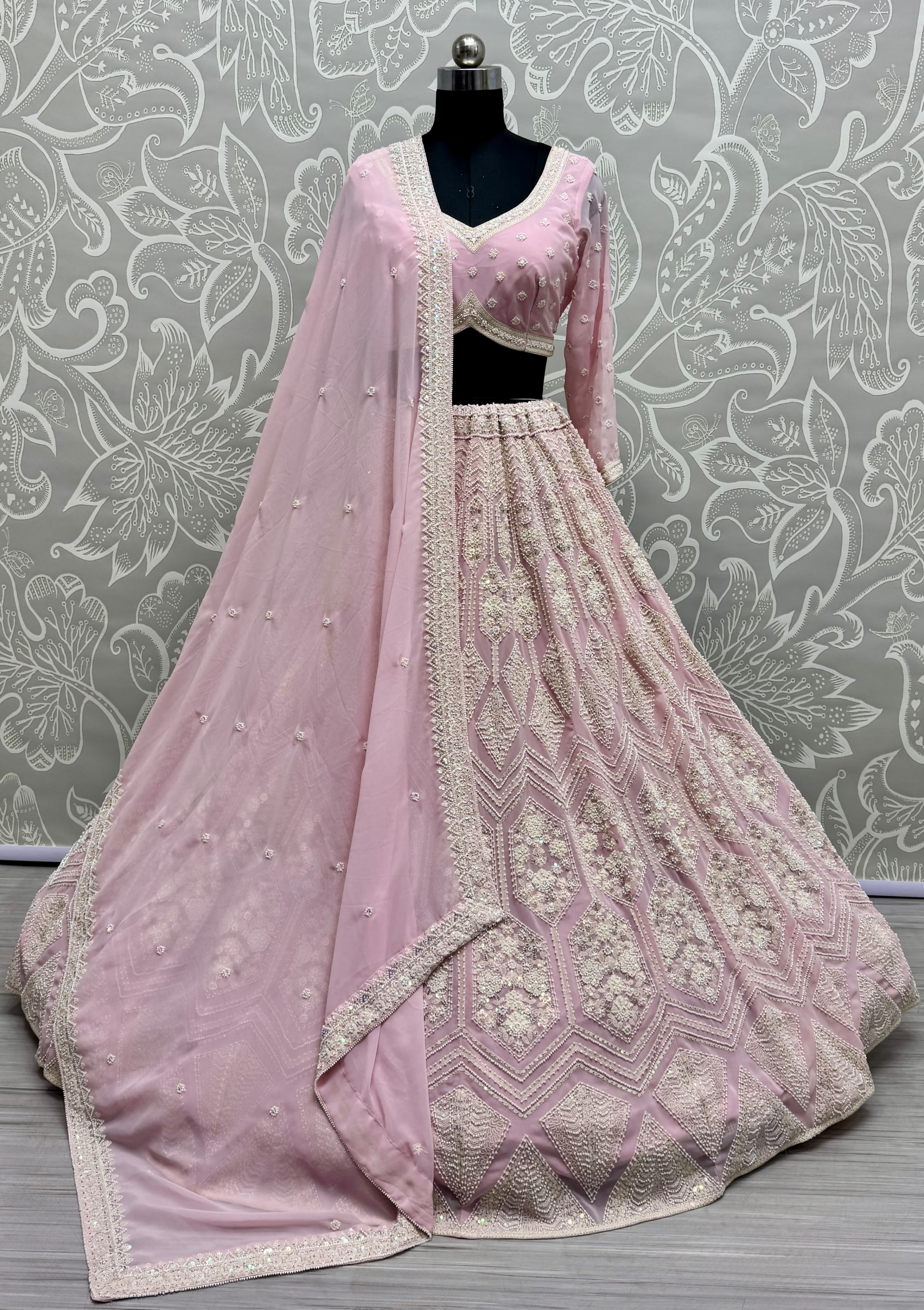 Full Flaired Pink Exclusive Designer Lehenga Choli in Pure Georgette with Ready to Wear Blouse 