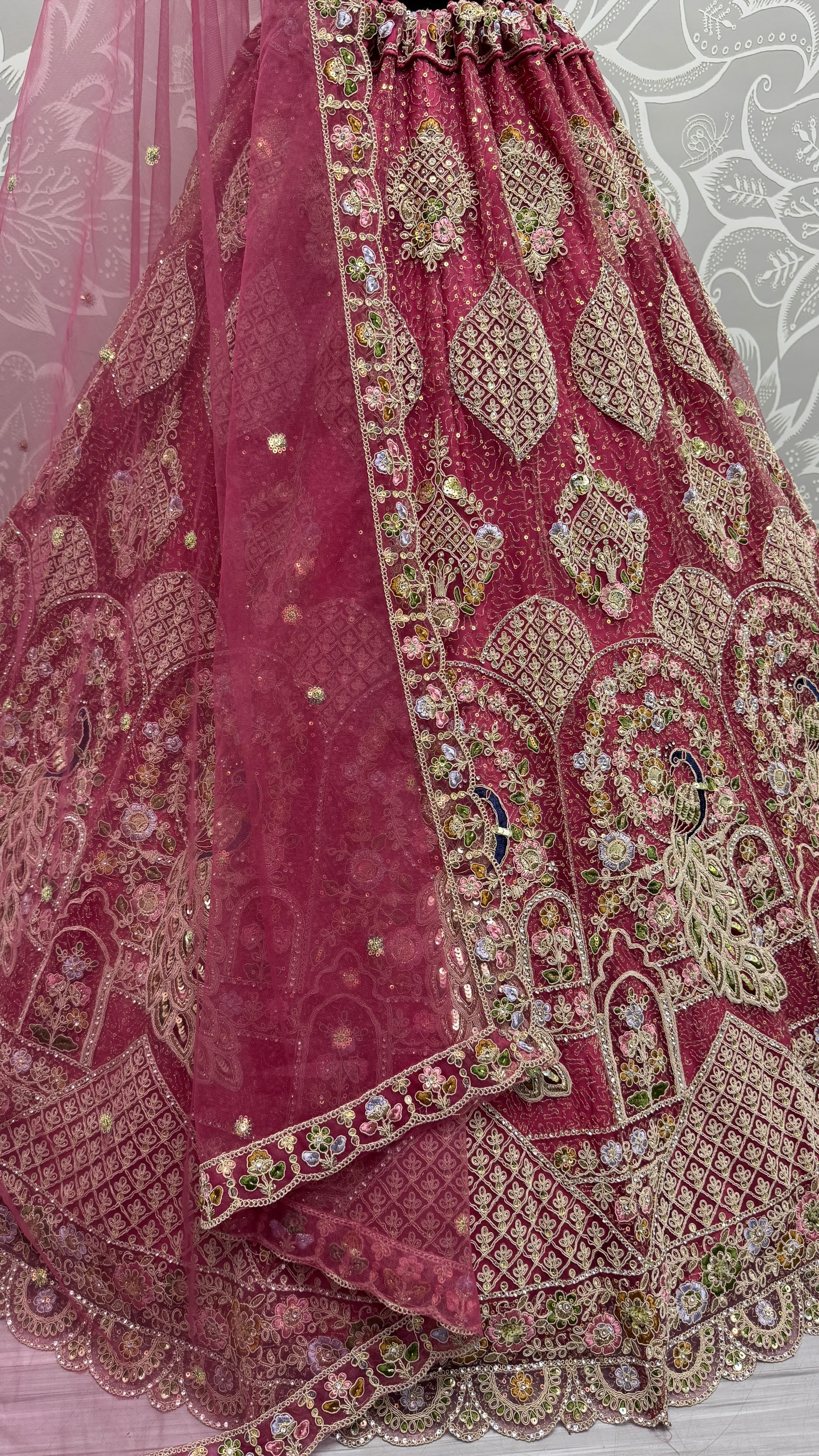 Outstanding Red Dori Embroidery with Heavy Diamond Embedded Peacock pattern with Sequins work Designer Partywear Lehenga choli 