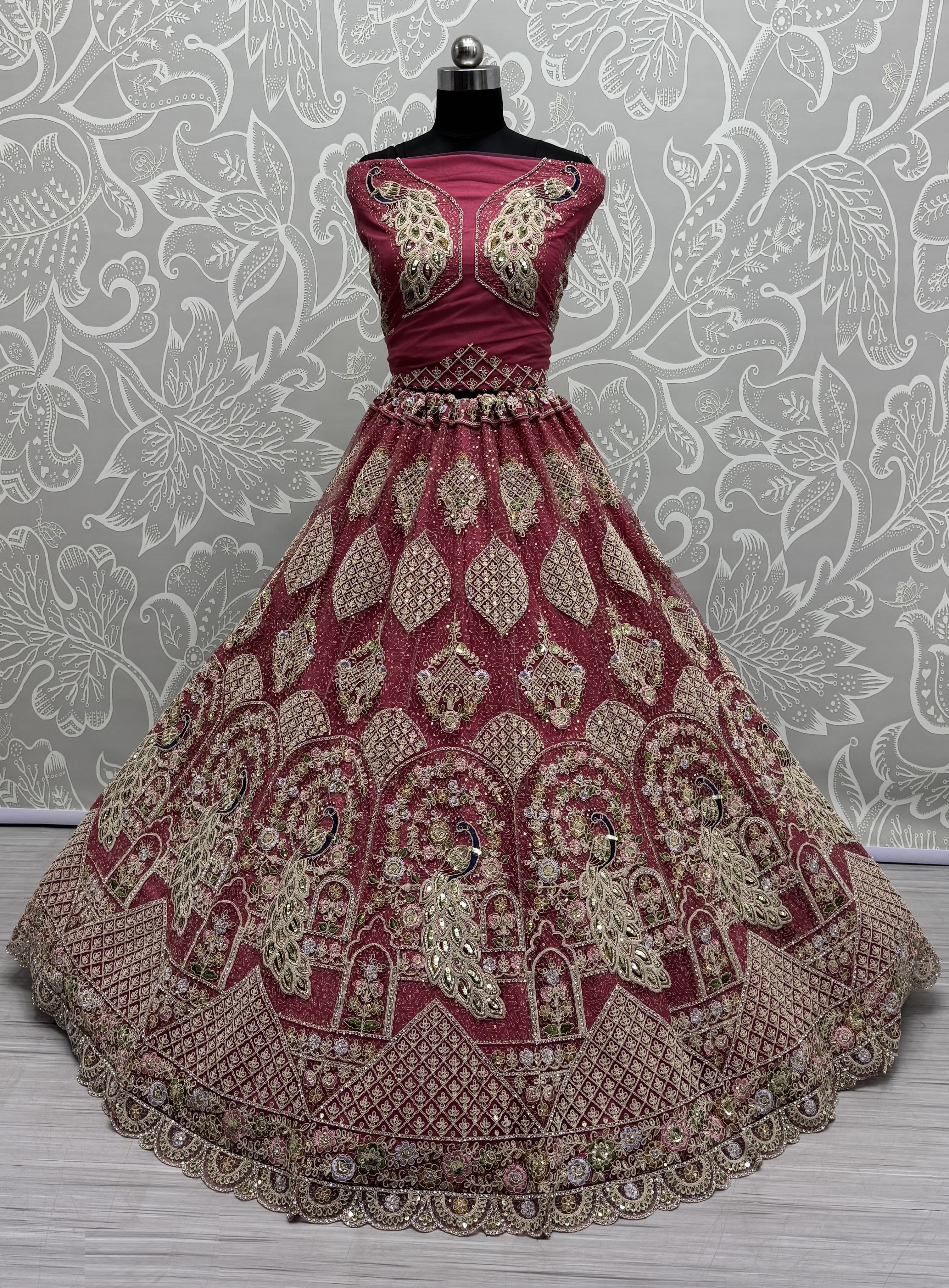 Outstanding Red Dori Embroidery with Heavy Diamond Embedded Peacock pattern with Sequins work Designer Partywear Lehenga choli 