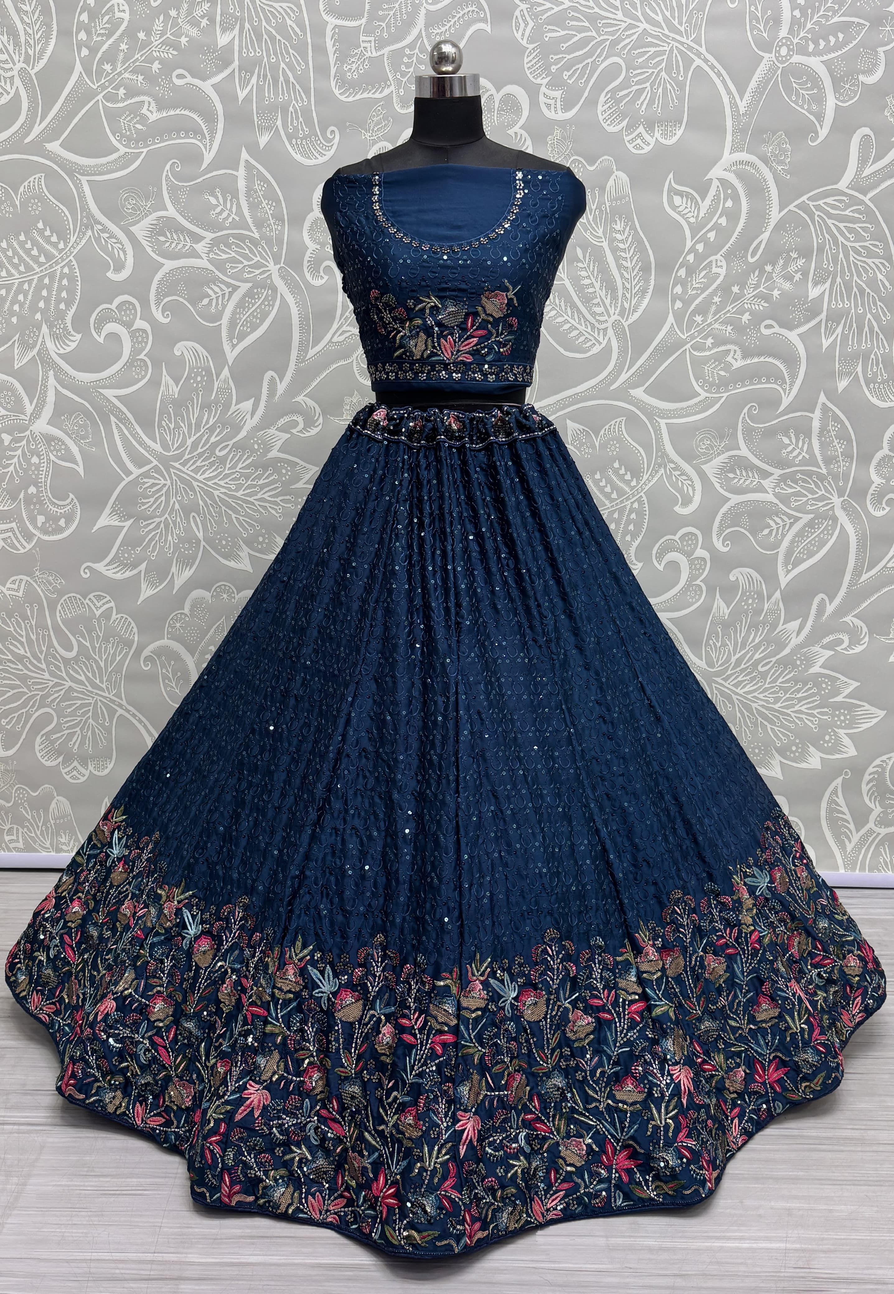Beautiful Flower Pattern Blue Embroidery and Thread work design Partywear Lehengacholi 
