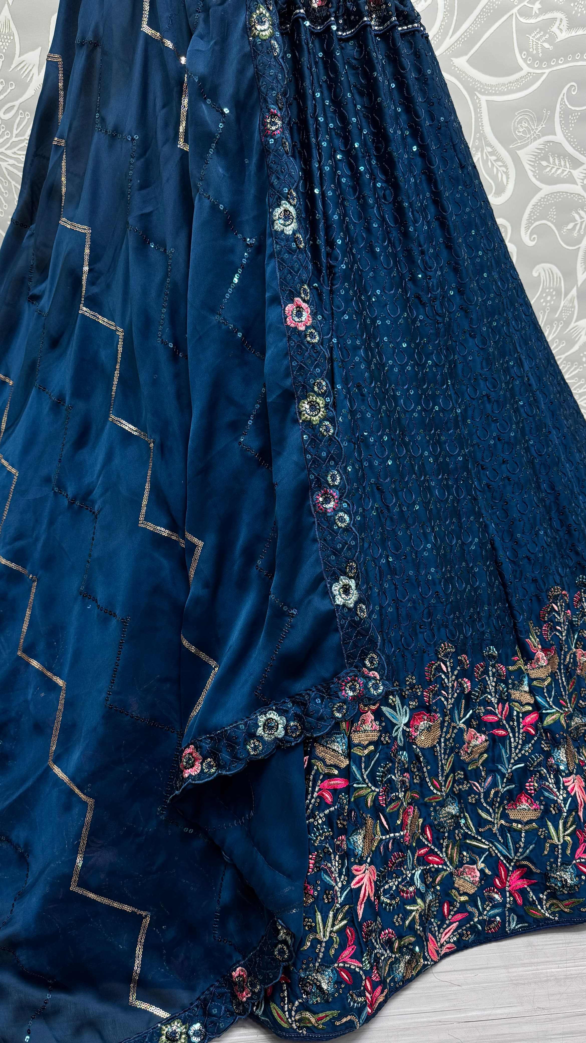 Beautiful Flower Pattern Blue Embroidery and Thread work design Partywear Lehengacholi 