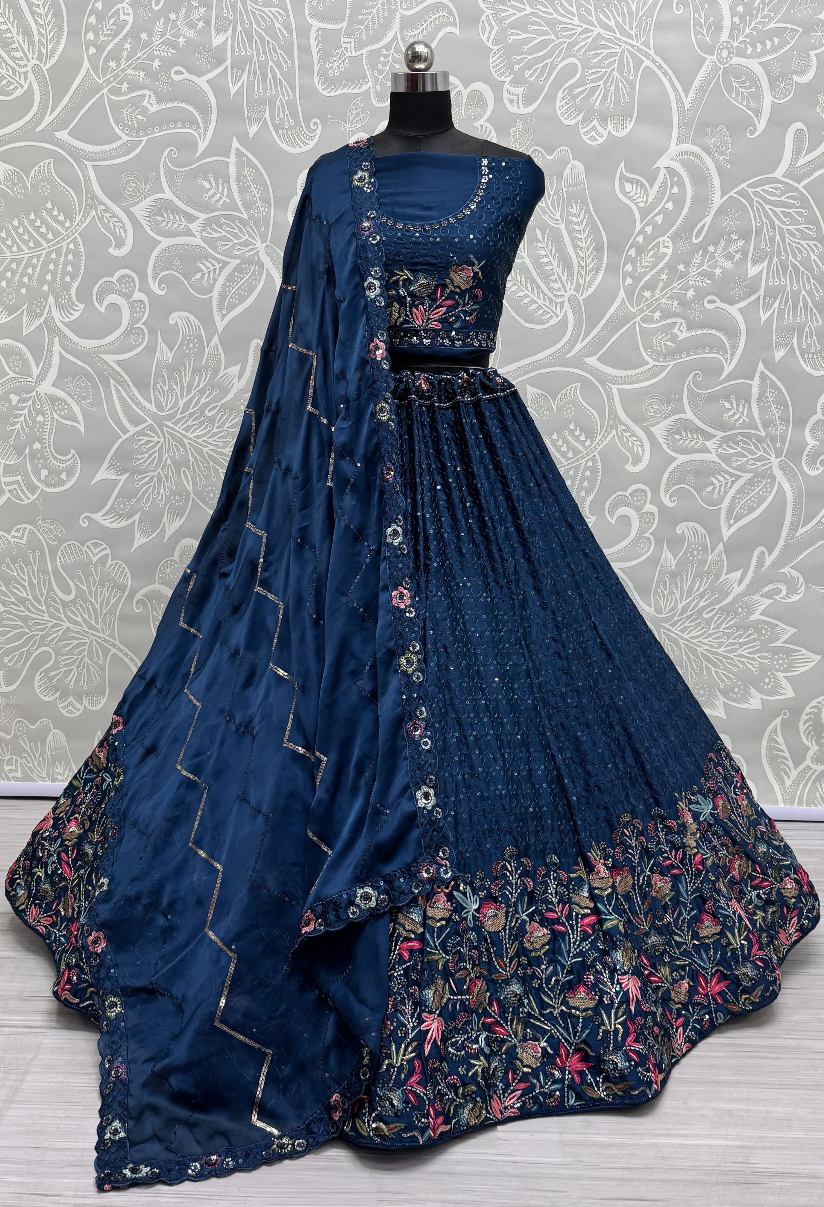 Beautiful Flower Pattern Blue Embroidery and Thread work design Partywear Lehengacholi 