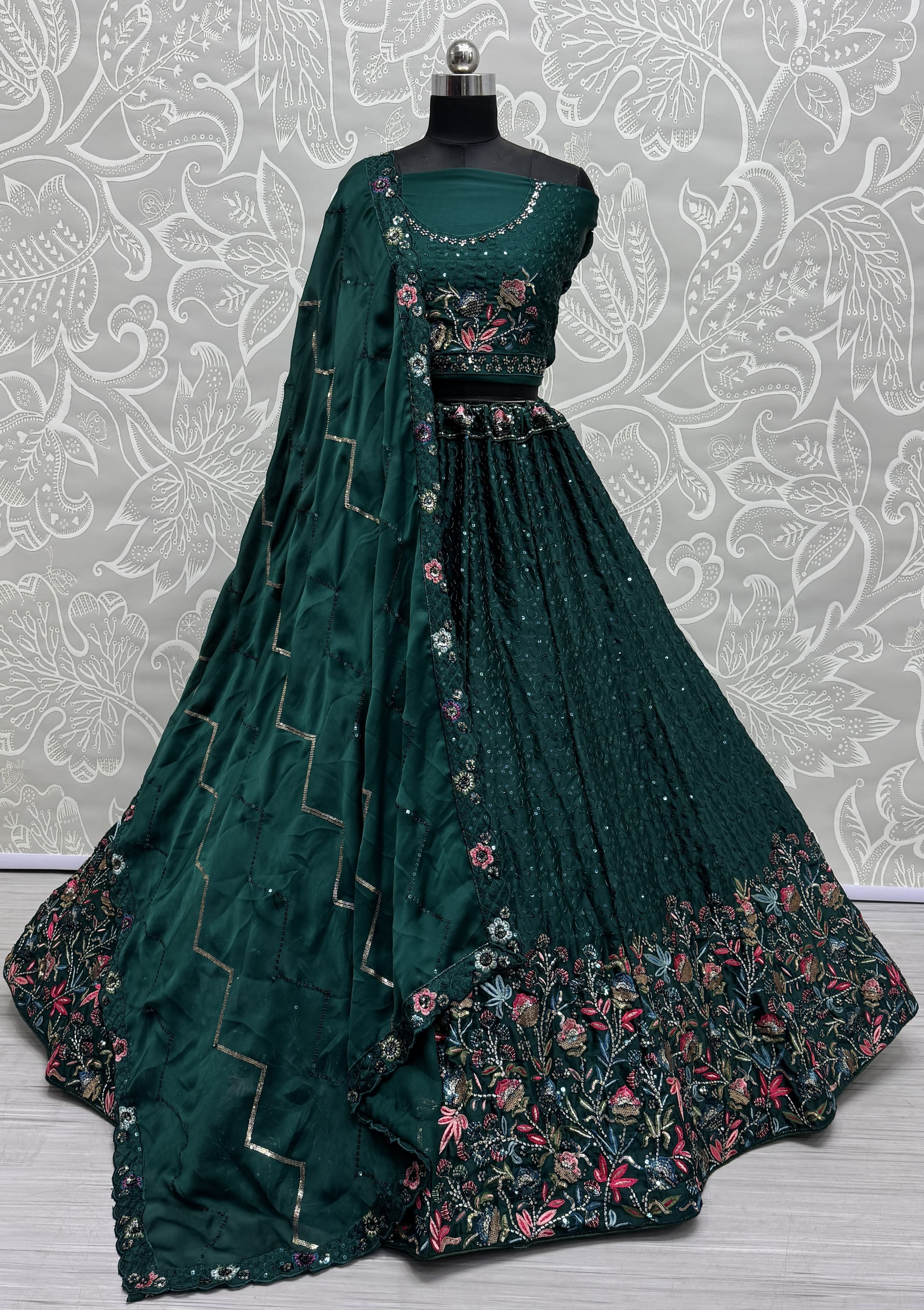 Beautiful Flower Pattern Green Embroidery and Thread work design Partywear Lehengacholi 