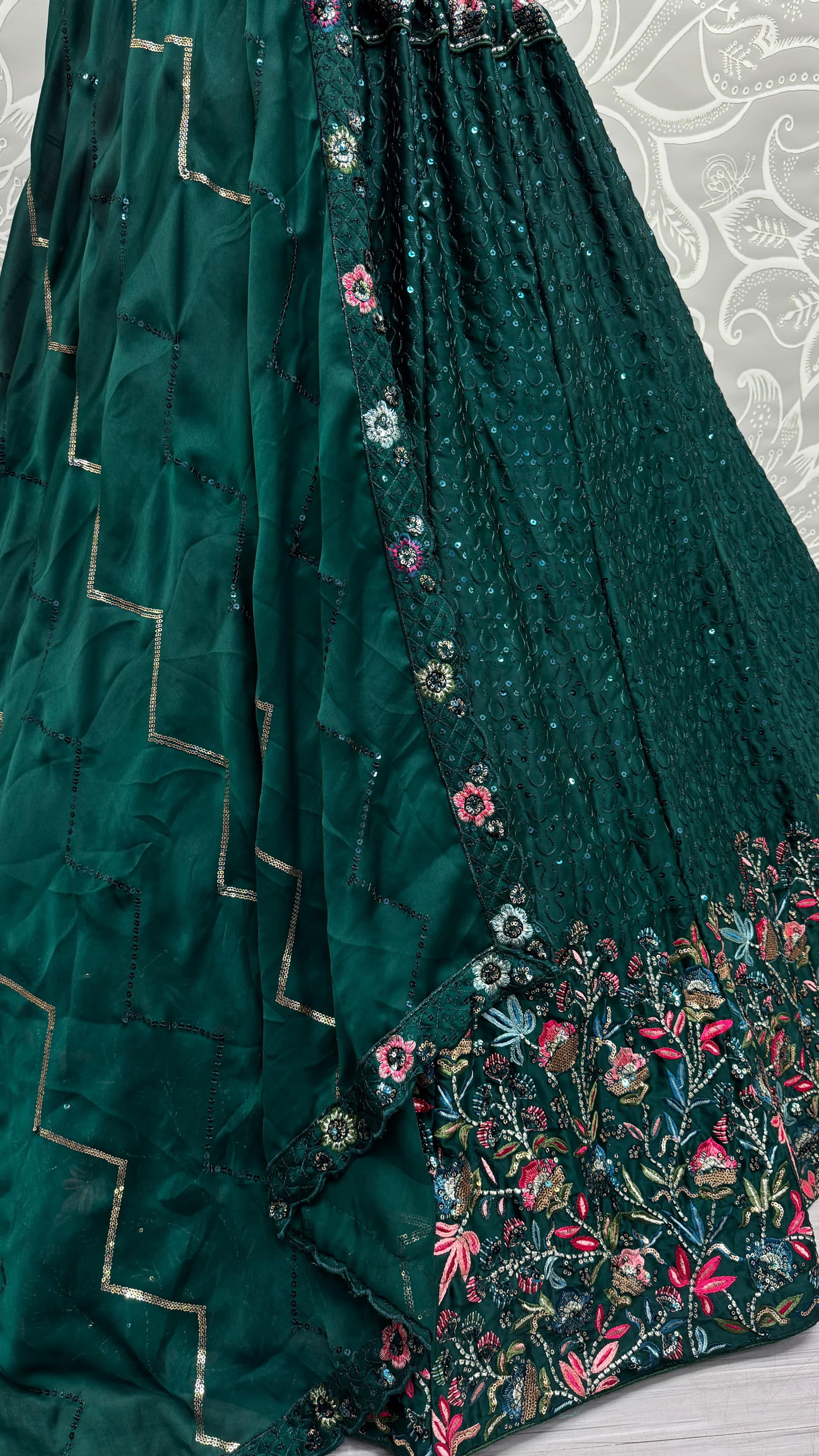 Beautiful Flower Pattern Green Embroidery and Thread work design Partywear Lehengacholi 