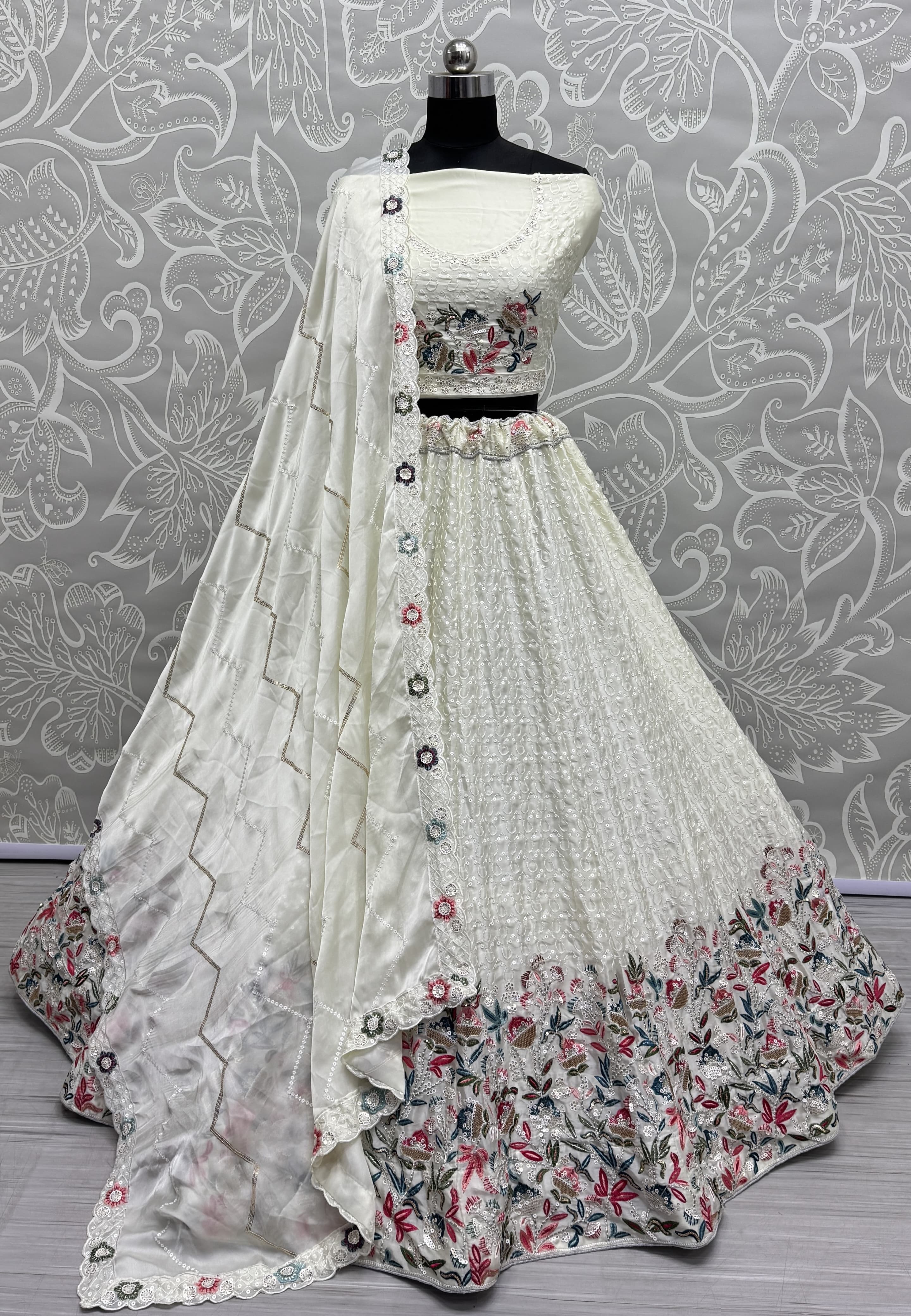 Beautiful Flower Pattern White Embroidery and Thread work design Partywear Lehengacholi 