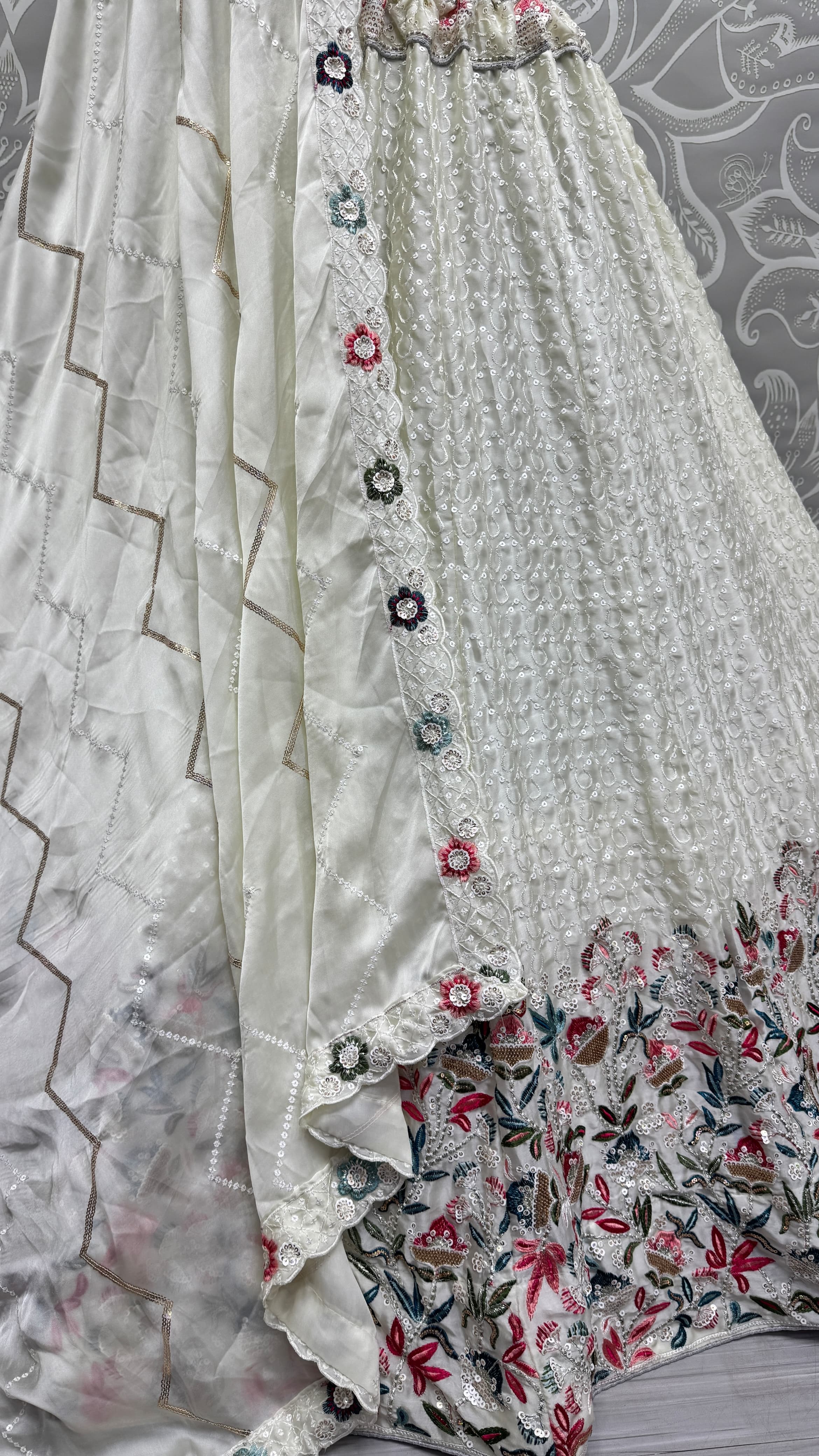 Beautiful Flower Pattern White Embroidery and Thread work design Partywear Lehengacholi 