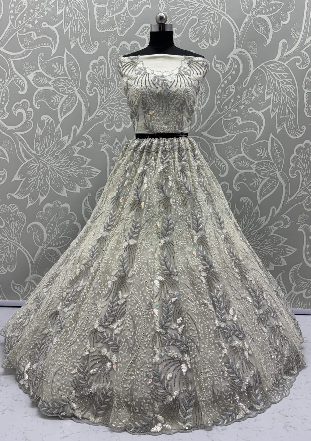 Beautiful White Dupatta on  Matching Designer Embroidered Reception wear Lehenga choli 